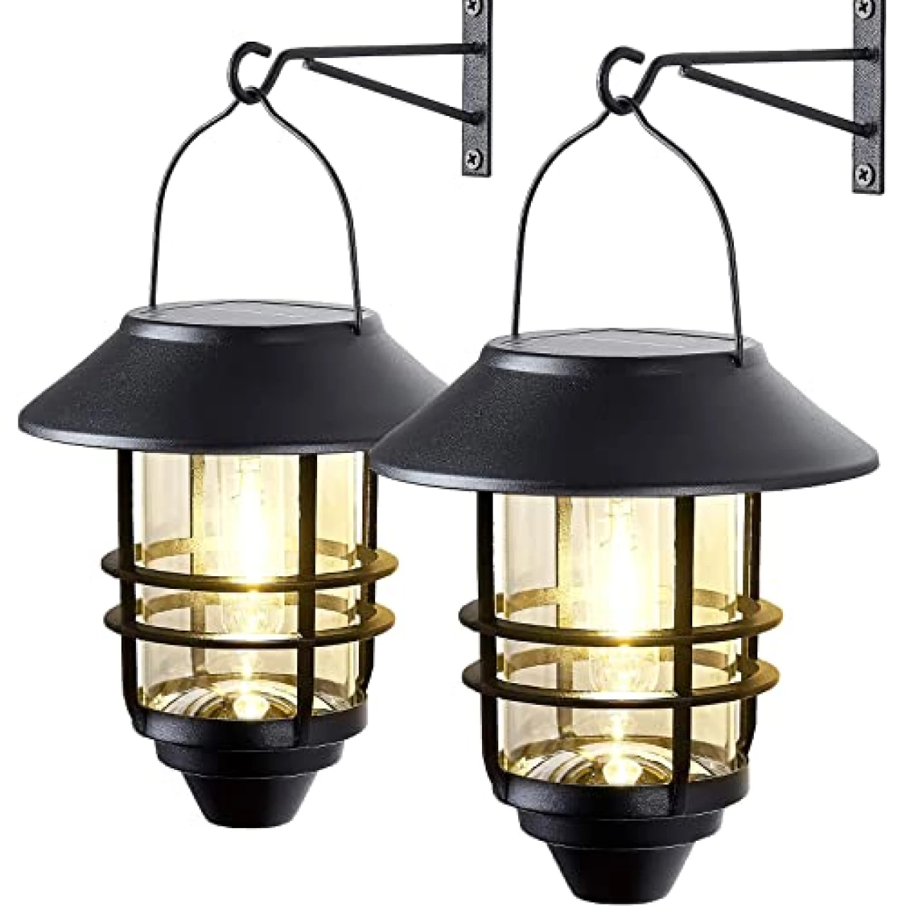 2 Pack Solar Lantern Wall Lights Fixtures, Solar Powered Porch Light, Heavy Glass &amp; Stainless Hanging Solar Wall Sconce Outdoor
