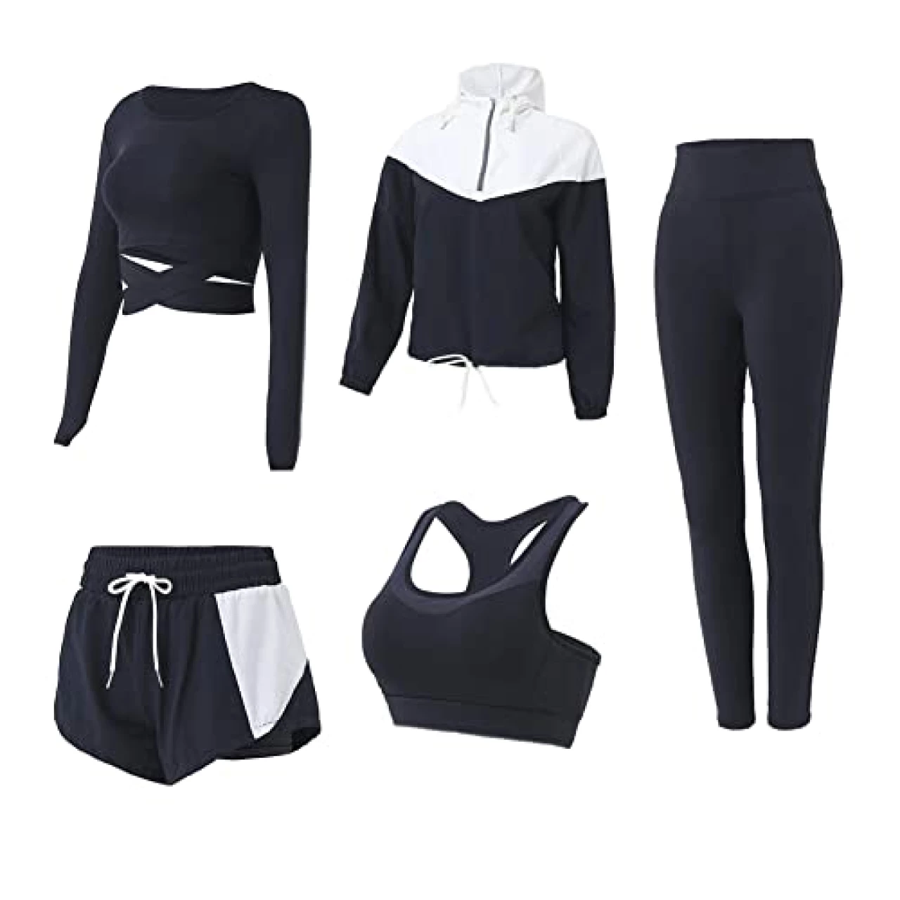 5 PCS Workout Sets for Women Running Yoga Outfits Athletic Gym Sets Exercise Clothes Activewear Sets Tracksuit(Black,M)