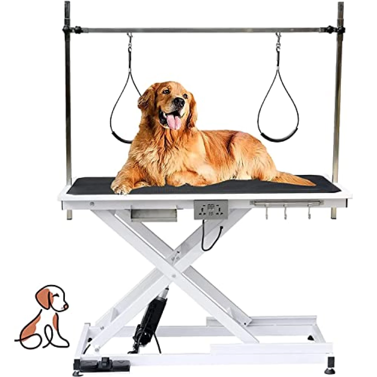 Heavy Duty Electric Lifting Pet Dog Grooming Table for Large Dogs with Overhead Arm, Anti-Skid Rubber Desktop and Powerful Motor, 50&rsquo;&rsquo; / White