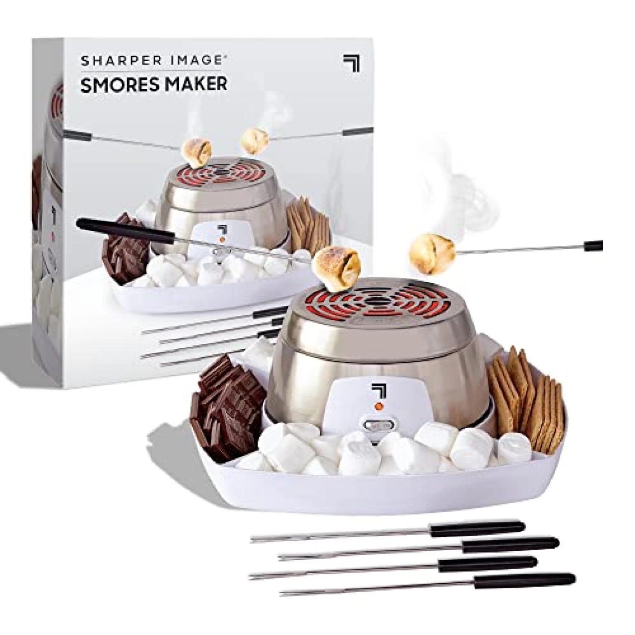 SHARPER IMAGE Electric Tabletop S&rsquo;mores Maker for Indoors, 6-Piece Set, Includes 4 Skewers &amp; 4 Serving Compartments, Easy Cleaning &amp; Storage, Tabletop Marshmallow Roaster, Family Fun For Kids Adults