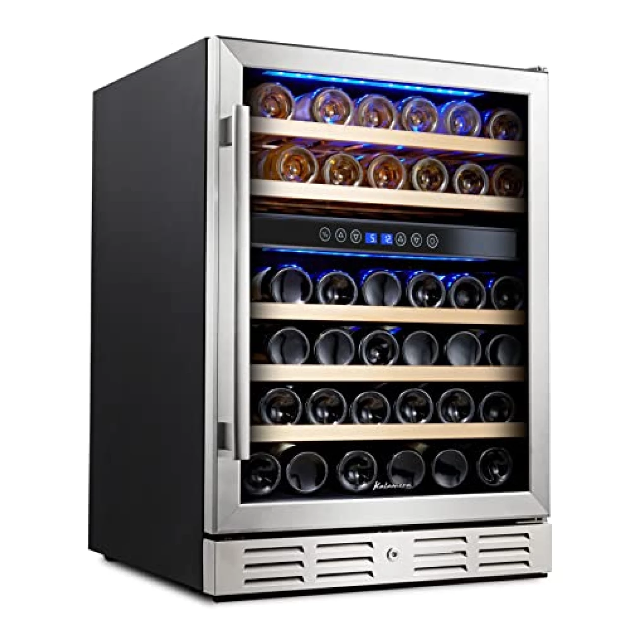 Kalamera 24 inch Wine Cooler, 46 Bottle - Dual Zone Built-in or Freestanding Fridge with Stainless Steel Reversible Glass Door, for Home, Kitchen, or Office.