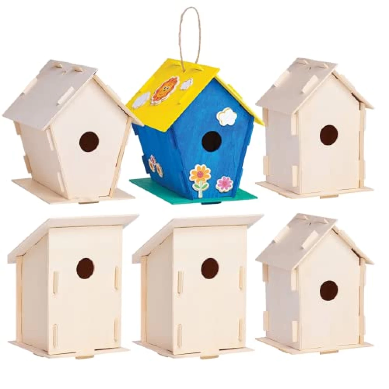 Neliblu 12 Wooden Birdhouses - Kids Bulk Arts and Crafts Set for Girls &amp; Boys - 12 DIY Unfinished Wood Birdhouse Kits, 12 Paint Strips, 12 Brushes &amp; Stickers - Bird House Kits for Children