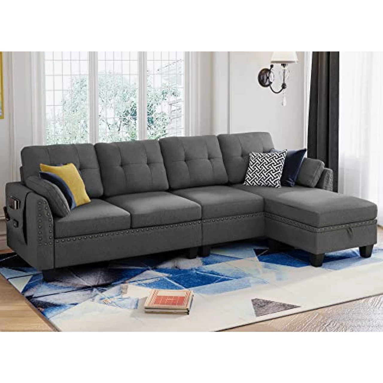 HONBAY Reversible Sectional Sofa L-Shape Sofa Convertible Couch 4-Seater Sofas Sectional for Apartment Dark Grey