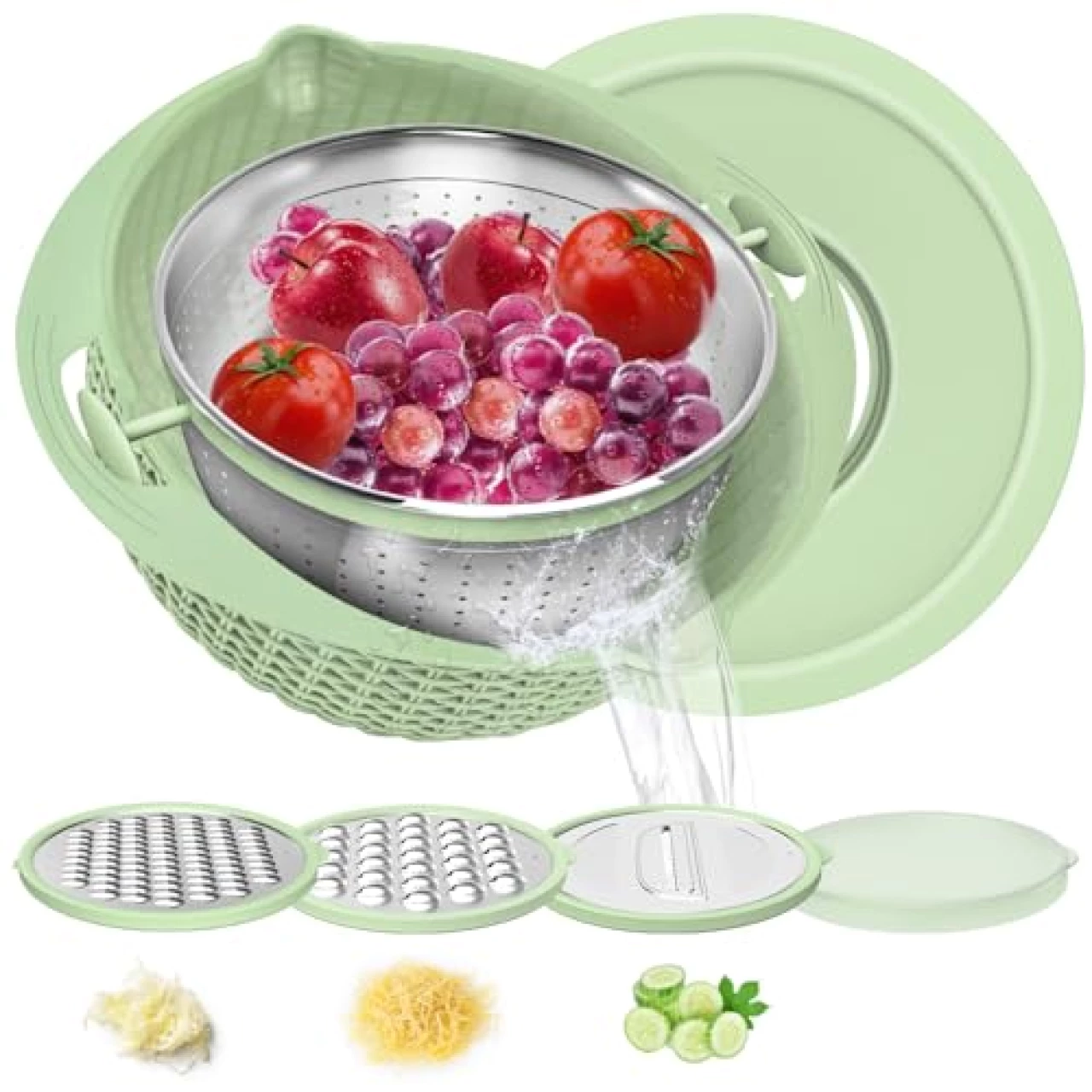 4 in 1 Colander with Mixing Bowl Set, Double-Layer Rotatable Colander Drain Basket with Lid and Slicer, Salad Spinner, Fruit Cleaner, Vegetable Washing, Rice Rinser Strainer for Homes Kitchen (Green)