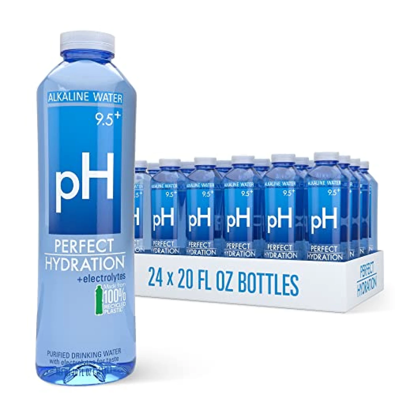 Perfect Hydration 9.5+ pH Alkaline Drinking Water 100% Recycled Bottles Electrolyte Minerals for Taste 24 pack - 20 oz