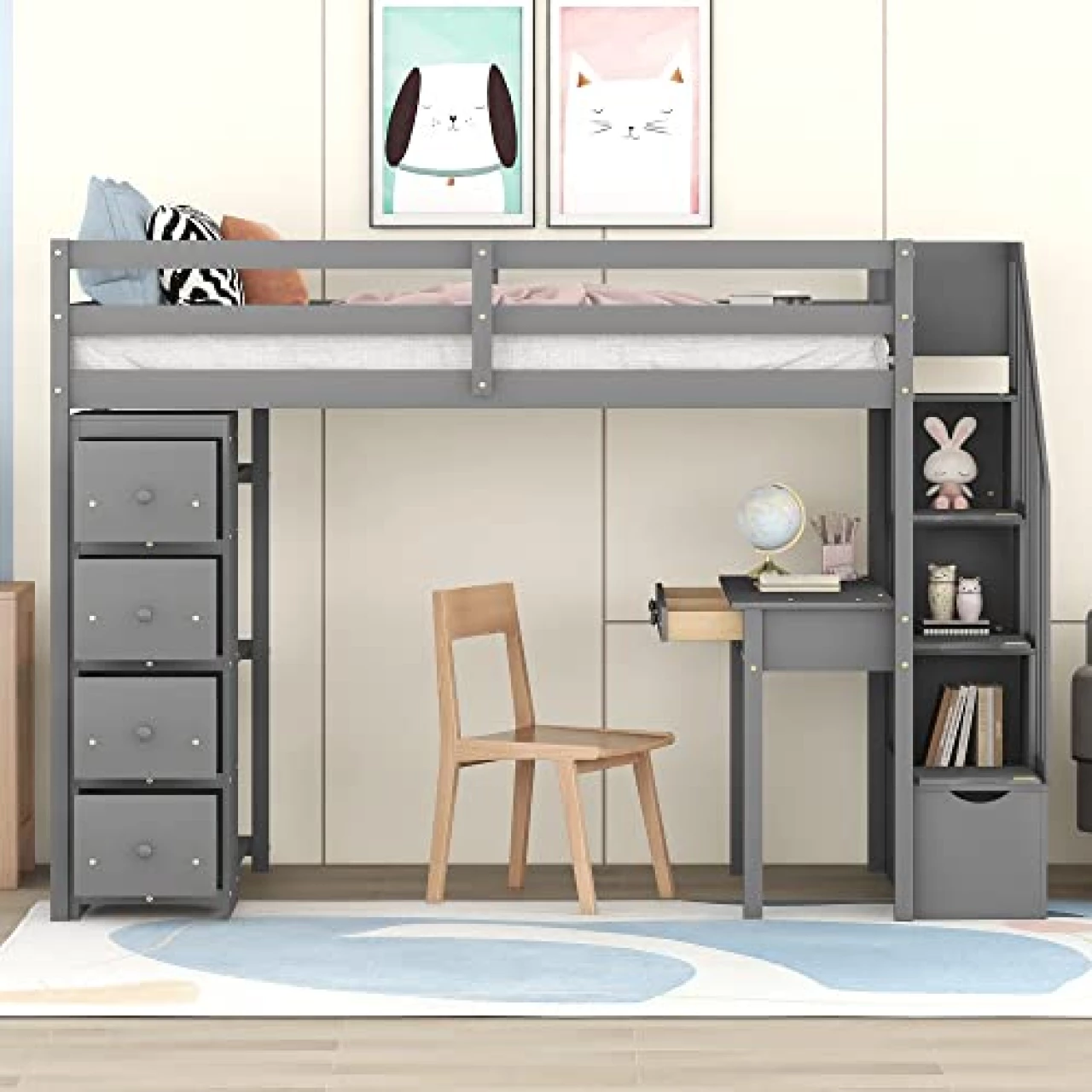 BIADNBZ Wooden Twin Size Loft Bed with Desk, Stairs, Storage Drawers and Shelves, High Loftbed Frame for Kids Teens Bedroom, Gray