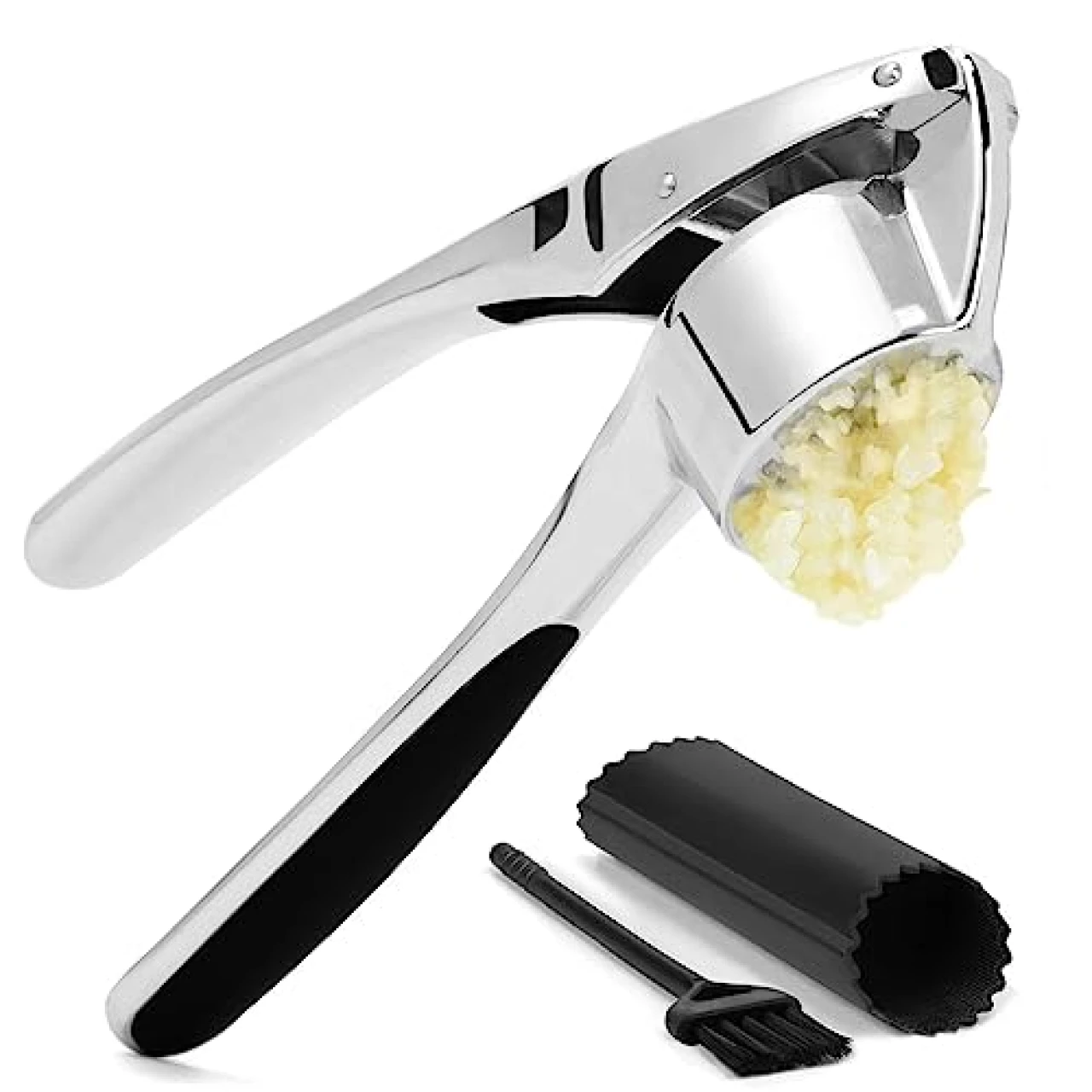 CUNSENR Garlic Press with Silicone Peeler &amp; Brush - Premium Garlic Mincer Tool - Easy to Use &amp; Clean - Durable Garlic Crusher - Rustproof Garlic Smasher - Dishwasher Safe - Press Garlic with Ease