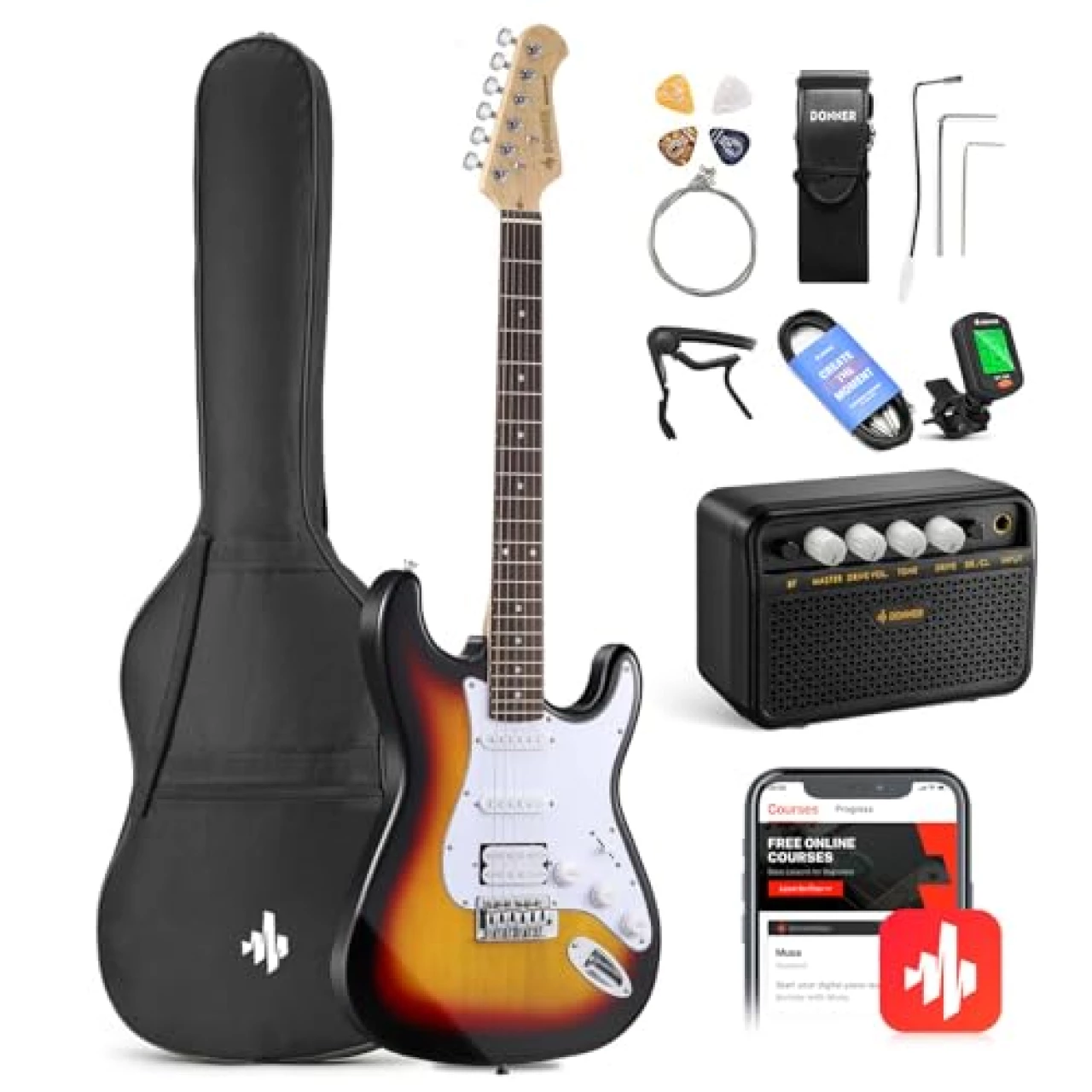 Donner DST-100S 39 Inch Full Size Electric Guitar Kit Solid Body Sunburst, Beginner Starter, with Amplifier, Bag, Capo, Strap, String, Tuner, Cable, Picks