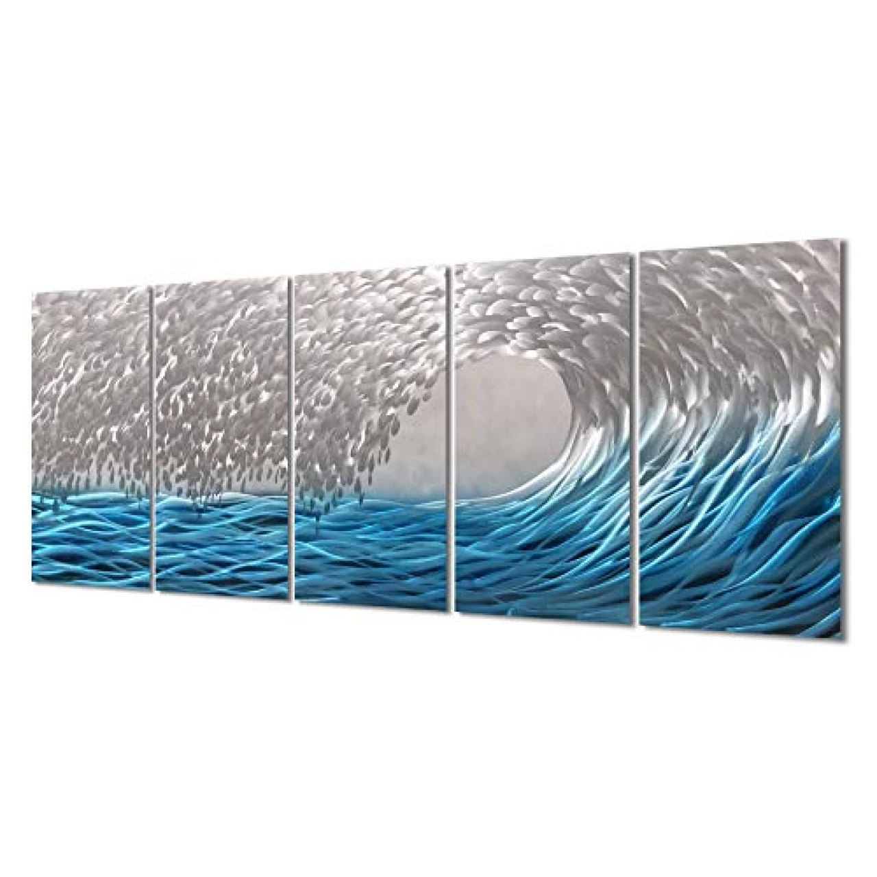 Yihui Arts Metal Wall Art - Silver Sea Waves 3D Sculpture, 5 Piece Hand Crafted Aluminum Coastal Artwork