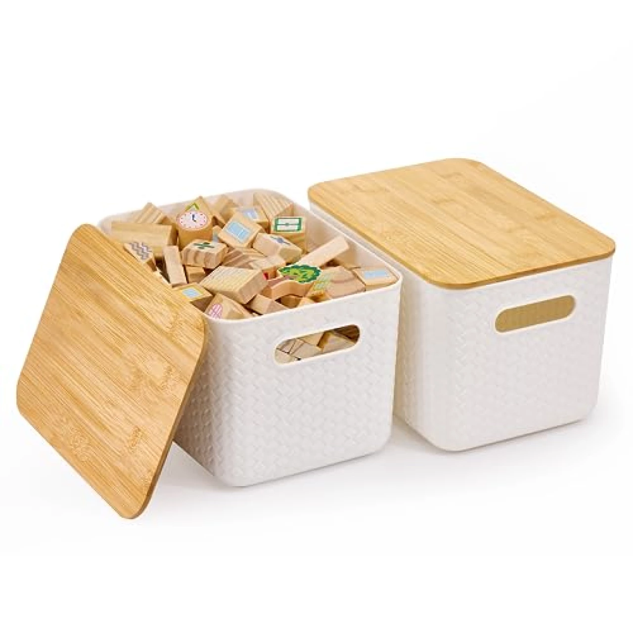 2 Packs Storage Bins with Bamboo Lids - Plastic Storage Containers with Lids Stackable Storage Box: Storage Baskets for Organizing Desktop Closet Playroom Classroom Office, White