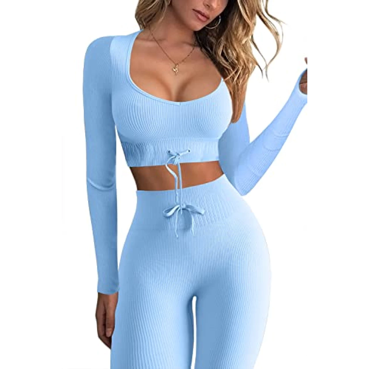 QINSEN Womens Yoga Pants Bodycon 2 Piece Outfits Long Sleeve Cropped Tops Tummy Control Seamless Leggings Blue S