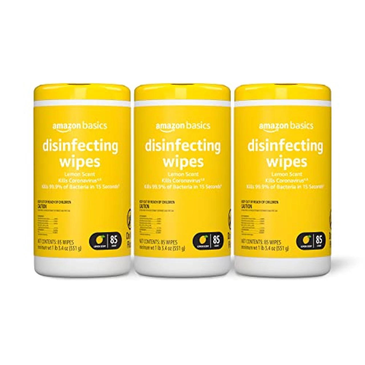 Amazon Basics Disinfecting Wipes, Lemon Scent, for Sanitizing, Cleaning &amp; Deodorizing, 255 Count (3 Packs of 85)