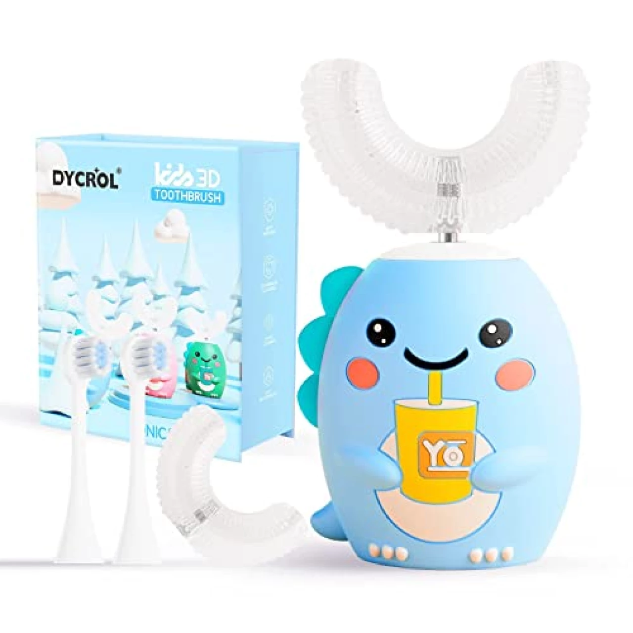 Kids U Shaped Electric Toothbrush, Sonic Toothbrush Kids with 5 Modes &amp; 4 Brush Heads, Cartoon Dinosaur 360-Degree Cleaning IPX7 Waterproof Design (6-12 Age (Blue))