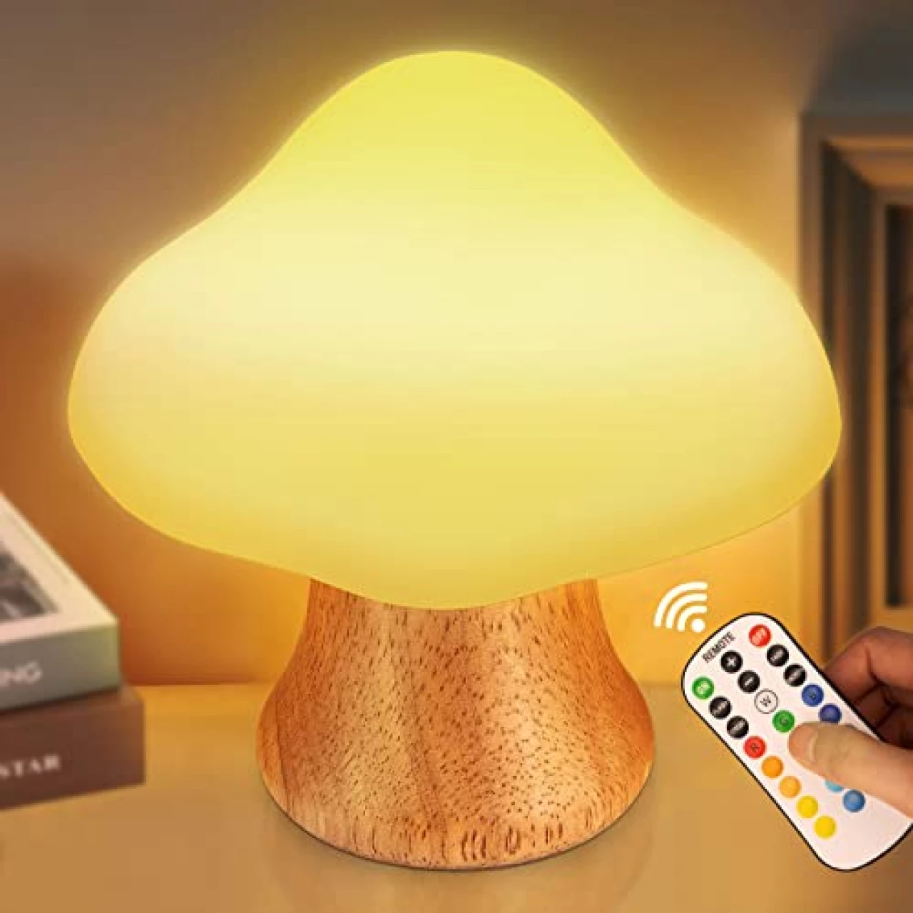 ANGTUO Wooden Mushroom Lamp for Nightstand