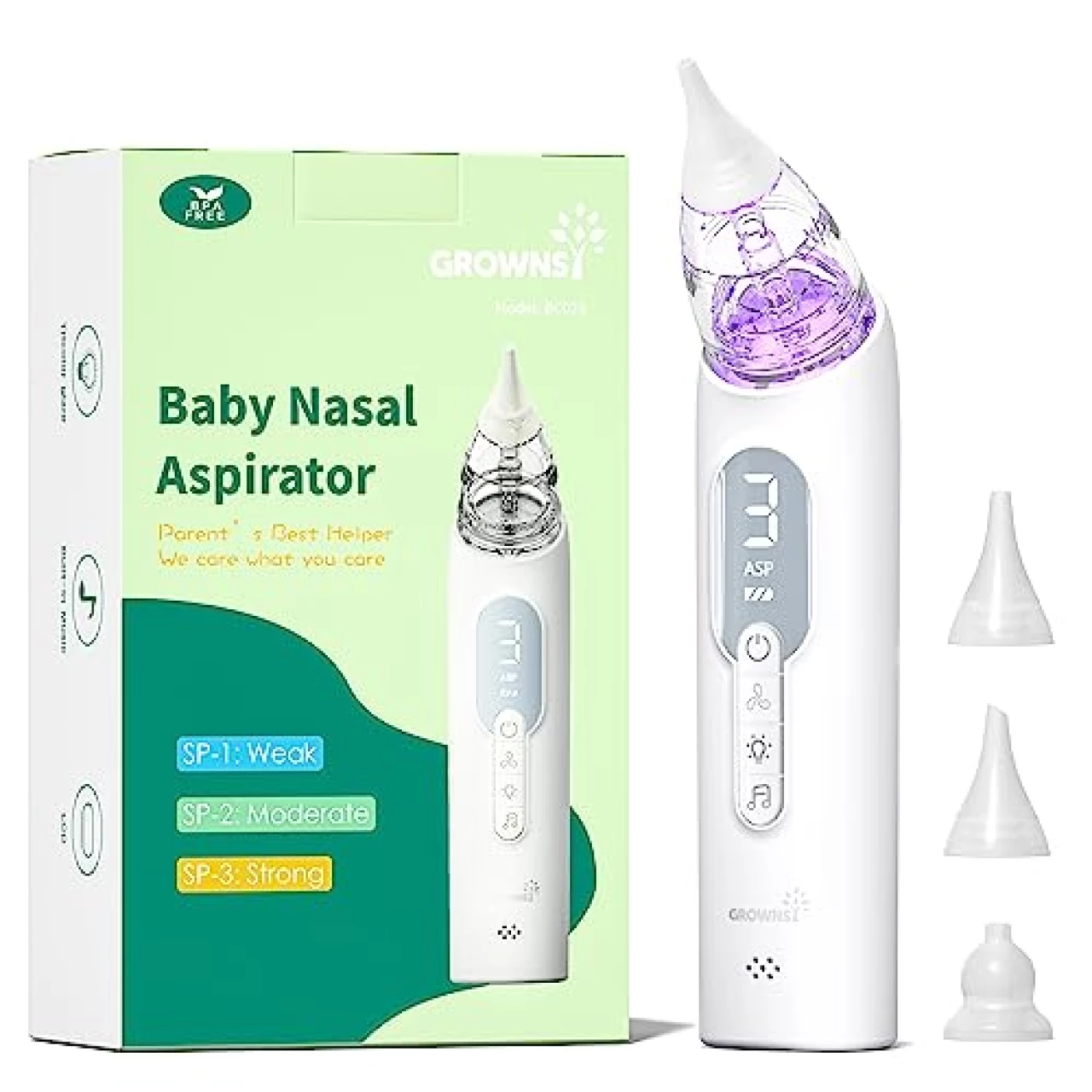 GROWNSY Upgrade Nasal Aspirator for Baby, Rechargeable Baby Nose Sucker, Electric Nose Suction with Soothing Music and Light Design, Food-Grade Silicone Tips, 3 Suction Modes