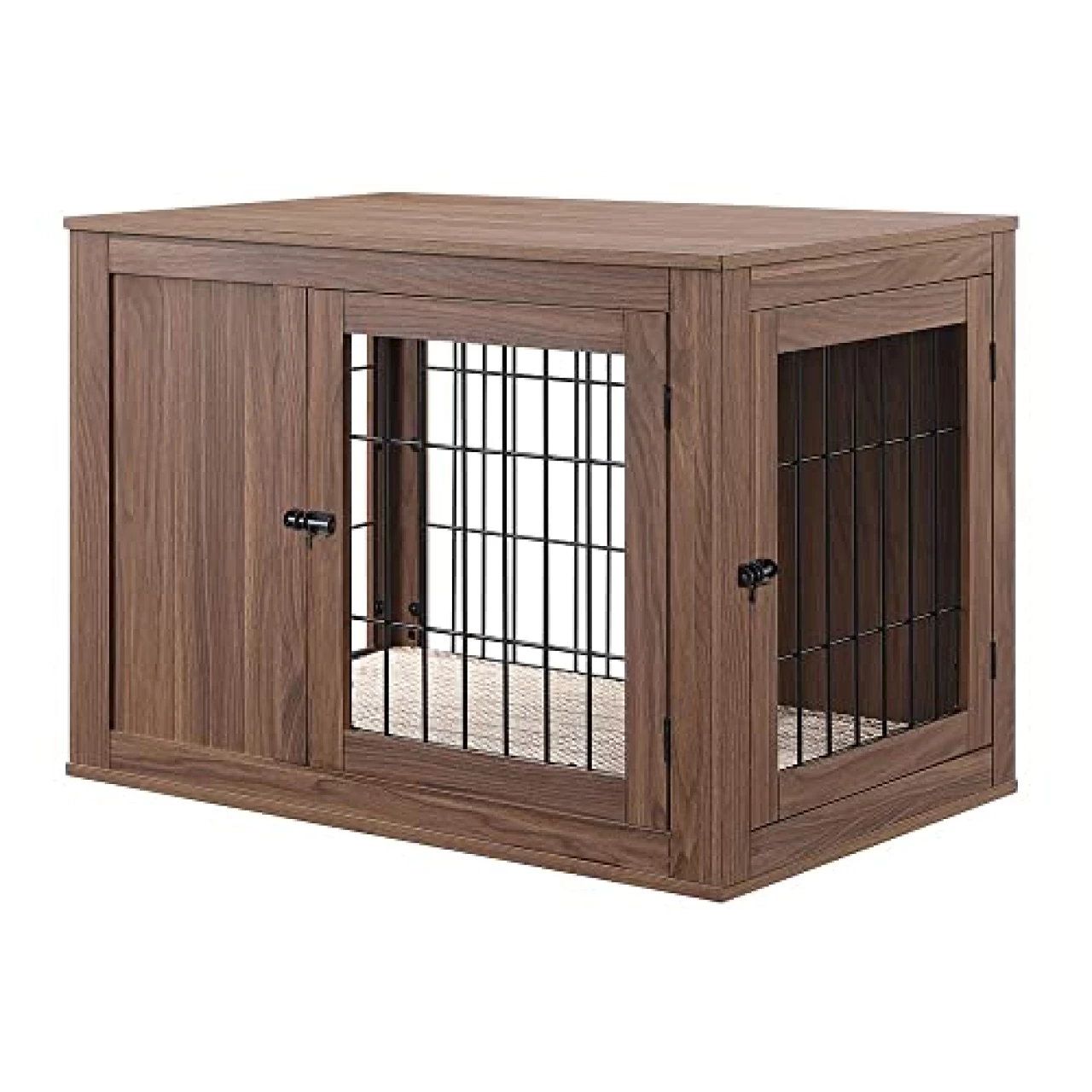 unipaws Furniture Style Dog Crate End Table with Cushion, Wooden Wire Pet Kennels with Double Doors, Medium Dog House Indoor Use (Walnut, Medium)