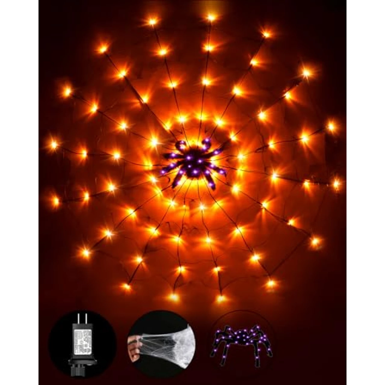 Halloween Decorations Spider Web Lights for Home, 4.9FT 96LED Waterproof Plugin Net Lights with 8 Modes &amp; Timer, Light Up for Party Indoor Outdoor Garden Yard Haunted House(Orange)