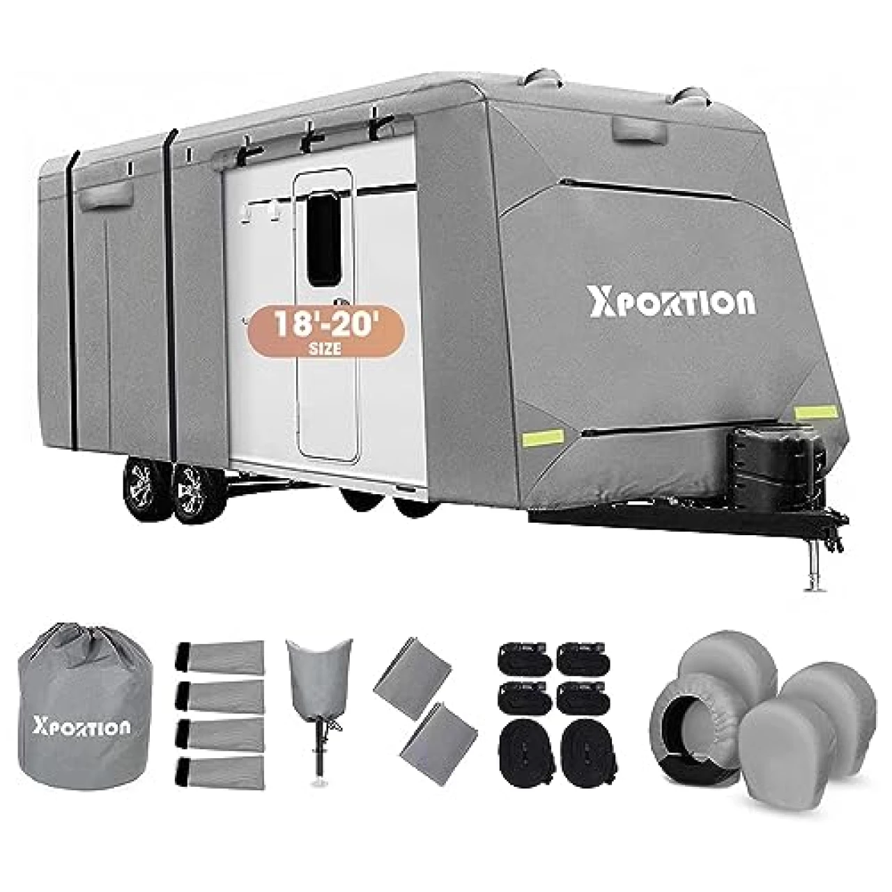 XPORTION Travel Trailer Covers 18-20&rsquo;,Rv Cover,Camper Cover,Waterproof and UV Resistant Camping RV Cover with Gutter Jack Cover