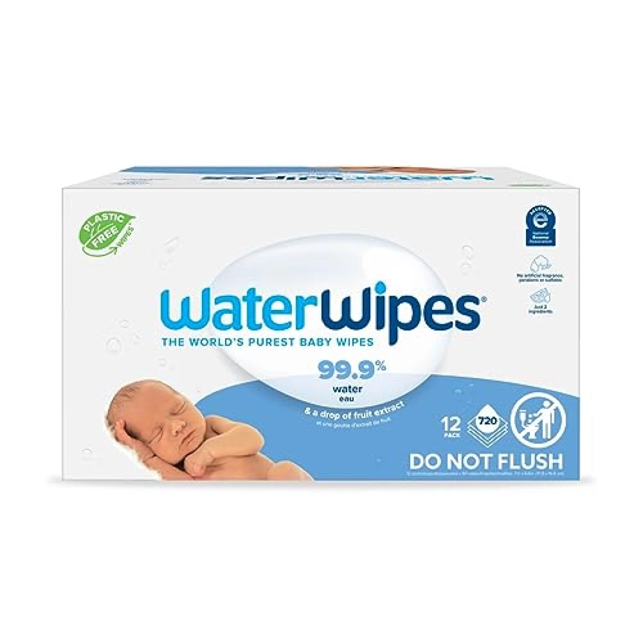 WaterWipes Plastic-Free Original Baby Wipes, 99.9% Water Based Wipes, Unscented &amp; Hypoallergenic for Sensitive Skin, 60 Count (Pack of 12), Packaging May Vary