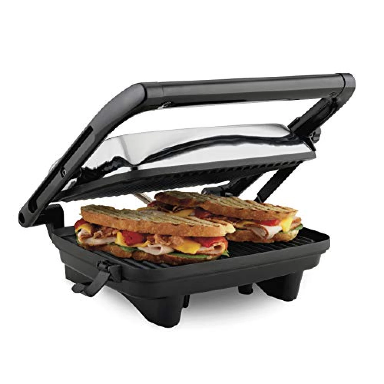 Hamilton Beach Panini Press Sandwich Maker &amp; Electric Indoor Grill with Locking Lid, Opens 180 Degrees for any Thickness for Quesadillas, Burgers &amp; More, Nonstick 8&quot; x 10&quot; Grids, Chrome (25460A)