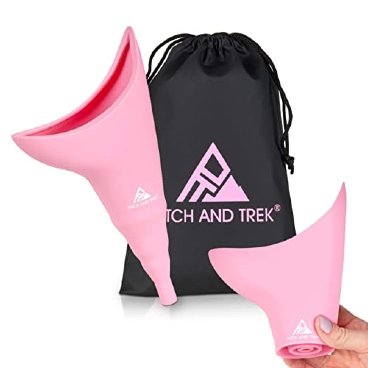 Pitch and Trek Female Urination Device, Silicone Standing Pee Funnel w/Discreet Carry Bag, for Travel, Road Trip, Festival, Camping &amp; Hiking Gear Essentials for Women, Pink