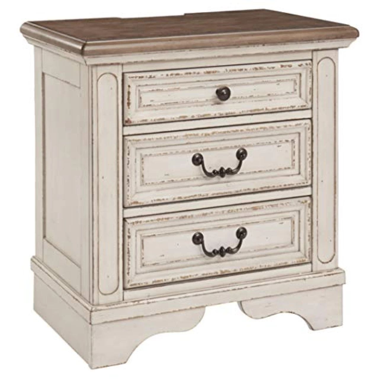 Signature Design by Ashley Realyn French Country 3 Drawer Nightstand with Electrical Outlets &amp; USB Ports, Chipped White