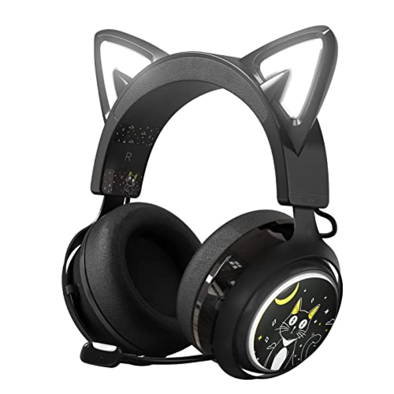 EASARS Wireless Cat Ear Headphones, Black Gaming Headset Bluetooth 5.0 for Smartphone, Retractable Mic, 50mm Drivers, RGB Lighting Headset with Mic (USB Dongle Not Included)