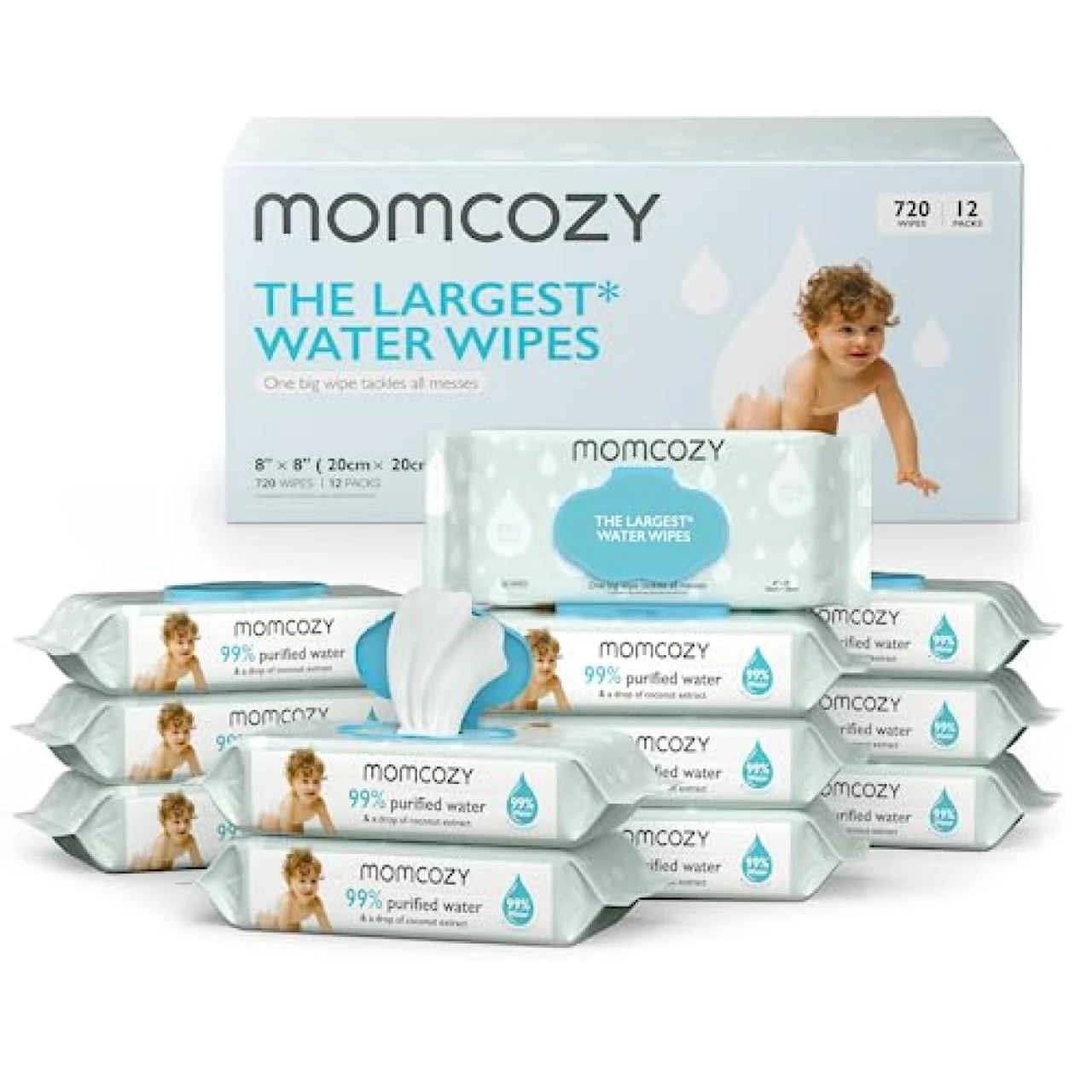 Baby Wipes, Momcozy Sensitive Water Wipes-Extra Large Size Design, One Top Two, 99% Purified Water, Unscented &amp; Hypoallergenic, Friendly to Sensitive Skin, 12 Flip-Top Packs (720 Wipes Total)