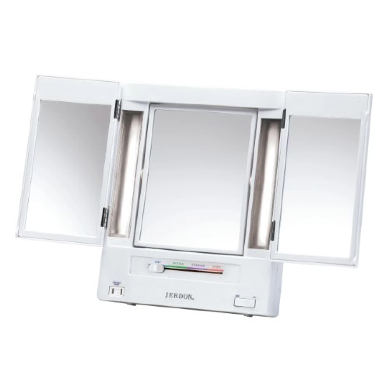 JERDON Tri-Fold Two-Sided Makeup Mirror with Lights - Vanity Mirror with 5X Magnification &amp; Multiple Light Settings - White Base - Model JGL9W