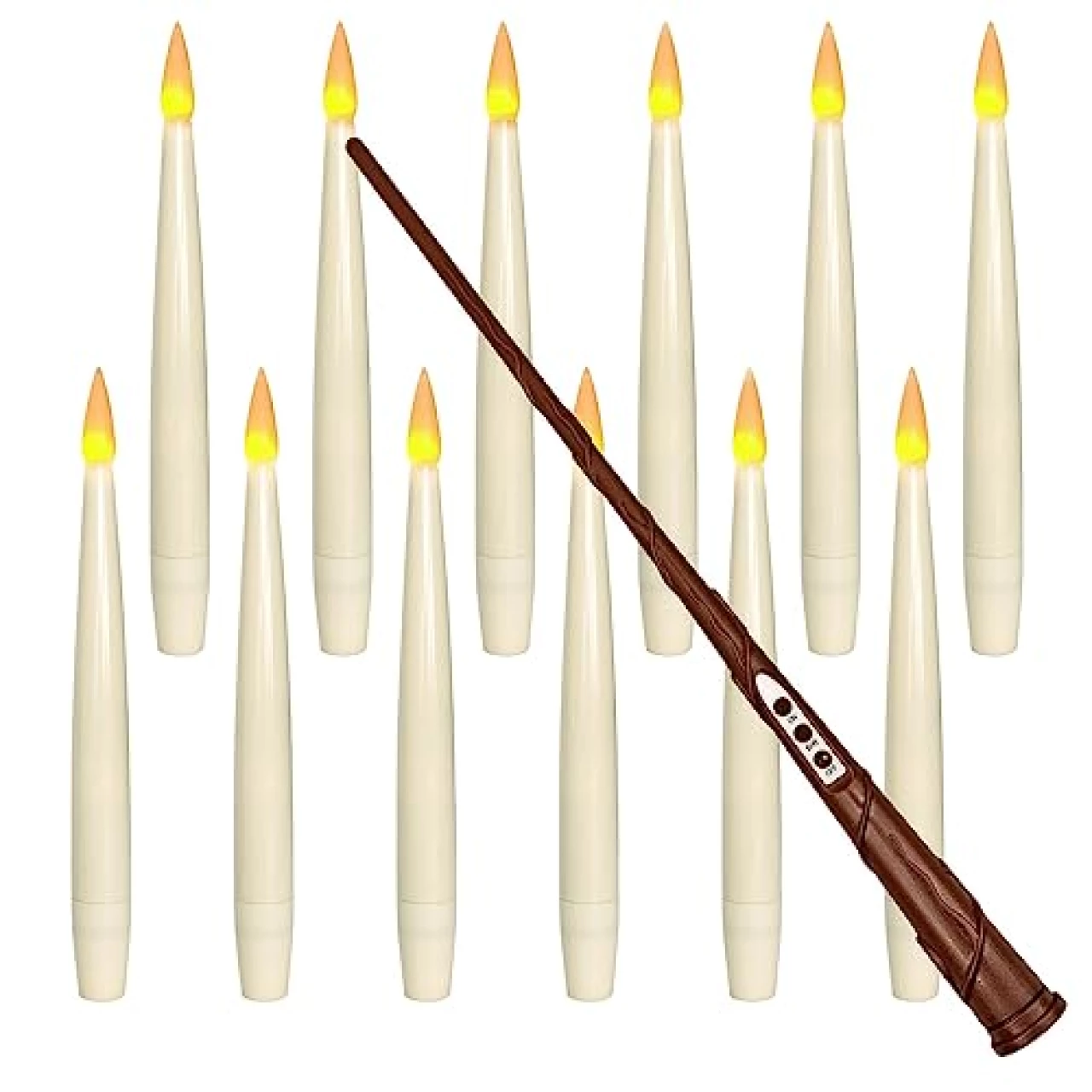 Leejec Floating Candles with Magic Wand Remote (6/18H Timer), Halloween Decorations, 12pcs 6.1” Hanging Flameless Taper Candles, Flickering Warm Light, Decor for Christmas, Wedding, Theme Party（ivory）