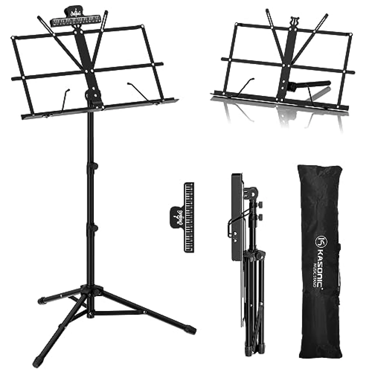 Music Stand, Kasonic 2 in 1 Dual-Use Folding Sheet Music Stand &amp; Desktop Book Stand (Black)