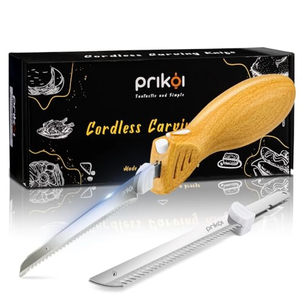 Prikoi Cordless Electric Knife, Easy-Slice Serrated Edge Blades for Carving Turkey, Bread, Fillet, DIY, Ergonomic Handle + 2 Blades