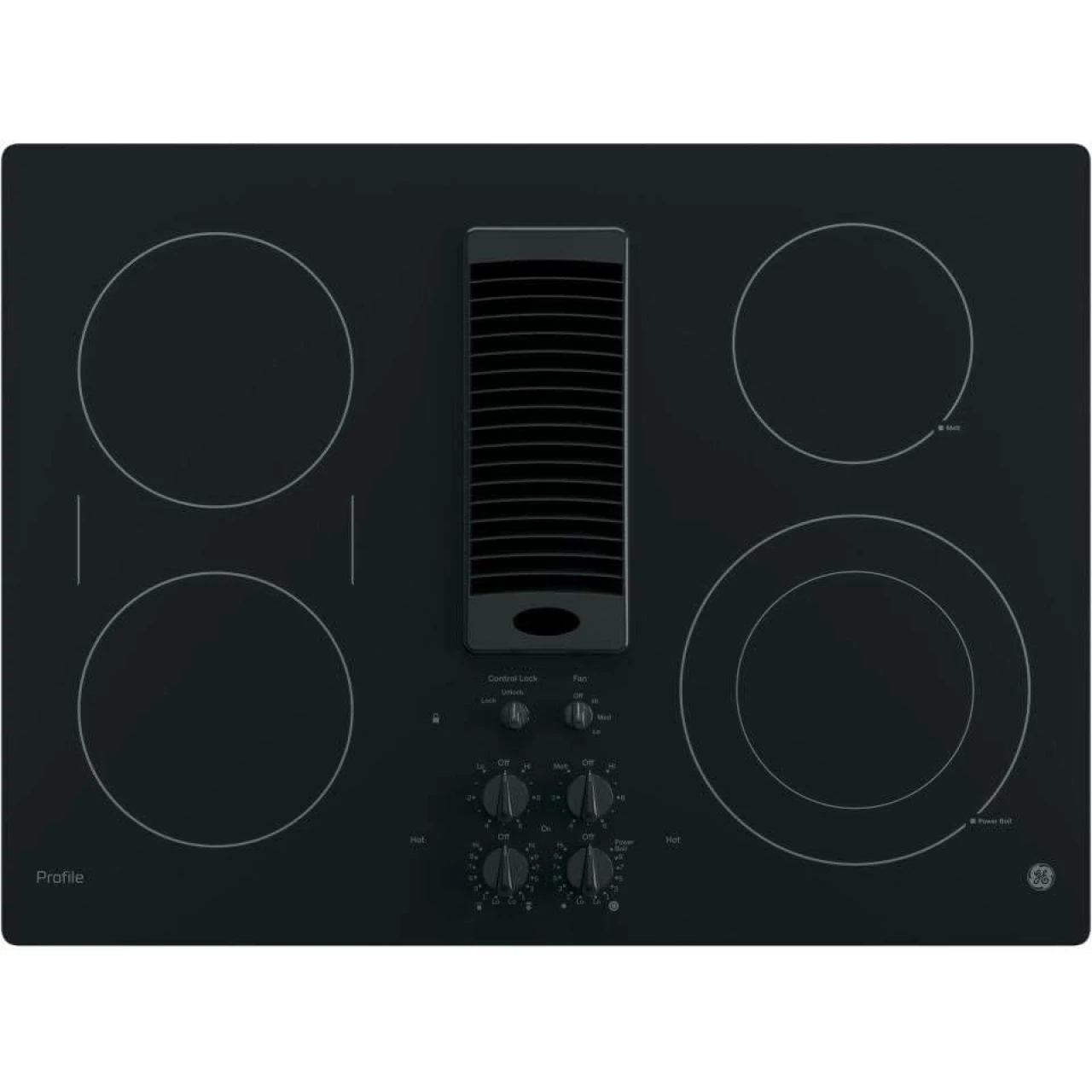 GE PP9830DJBB Profile Series Electric Cooktop with 4 Burners and 3-Speed Downdraft Exhaust System, 30&quot;, Black