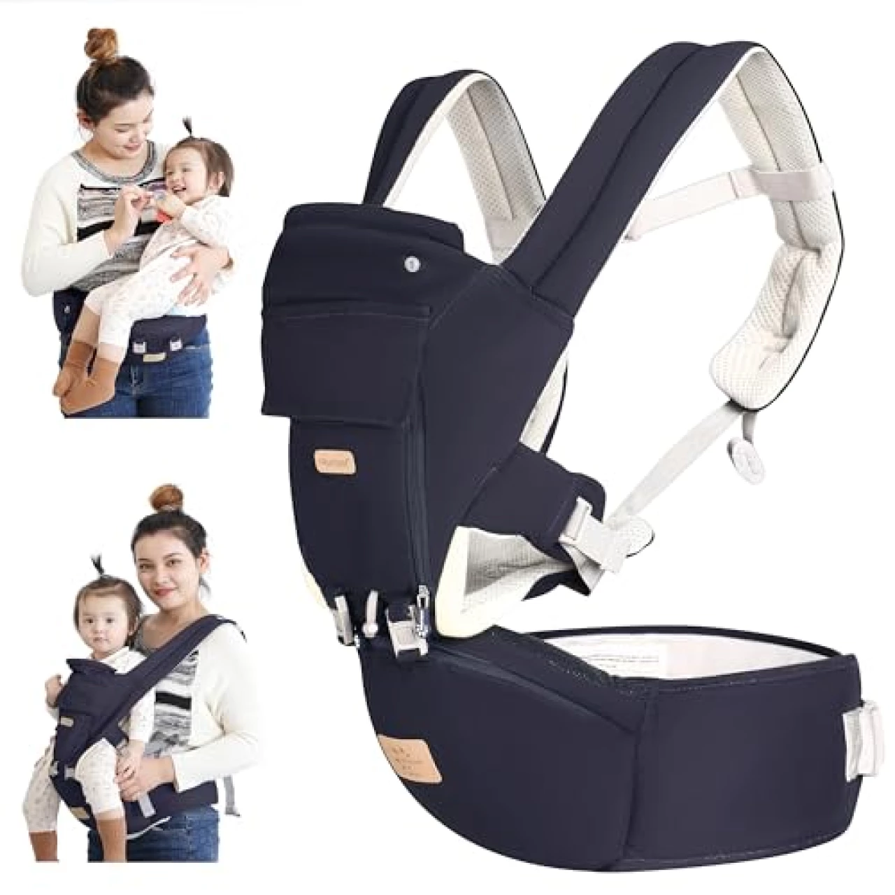 Baby - Carrier, 6-in-1 Baby Carrier with Waist Stool-, FRUITEAM Baby Carrier with Hip Seat for Breastfeeding, One Size Fits All - Adapt to Newborn, Infant &amp; Toddler (Navy)