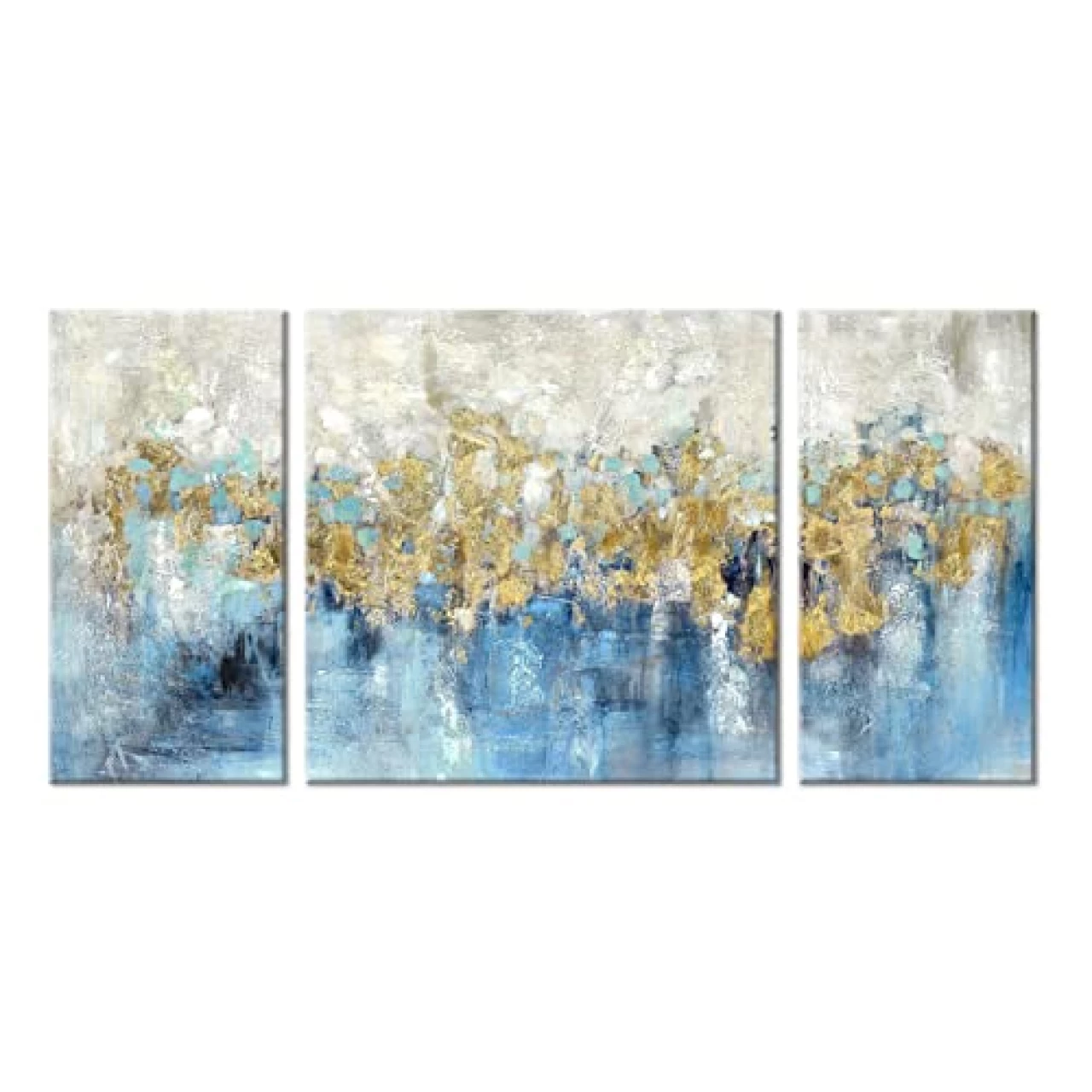 UTOP-art Modern Abstract Blue Wall Art: Colorful Oil Framed Painting with Gold Foils on Canvas Artwork for Home Decor (16&rsquo;&rsquo; x 32&rsquo;&rsquo; x 2 Panels + 32&rsquo;&rsquo; x 32&rsquo;&rsquo;)