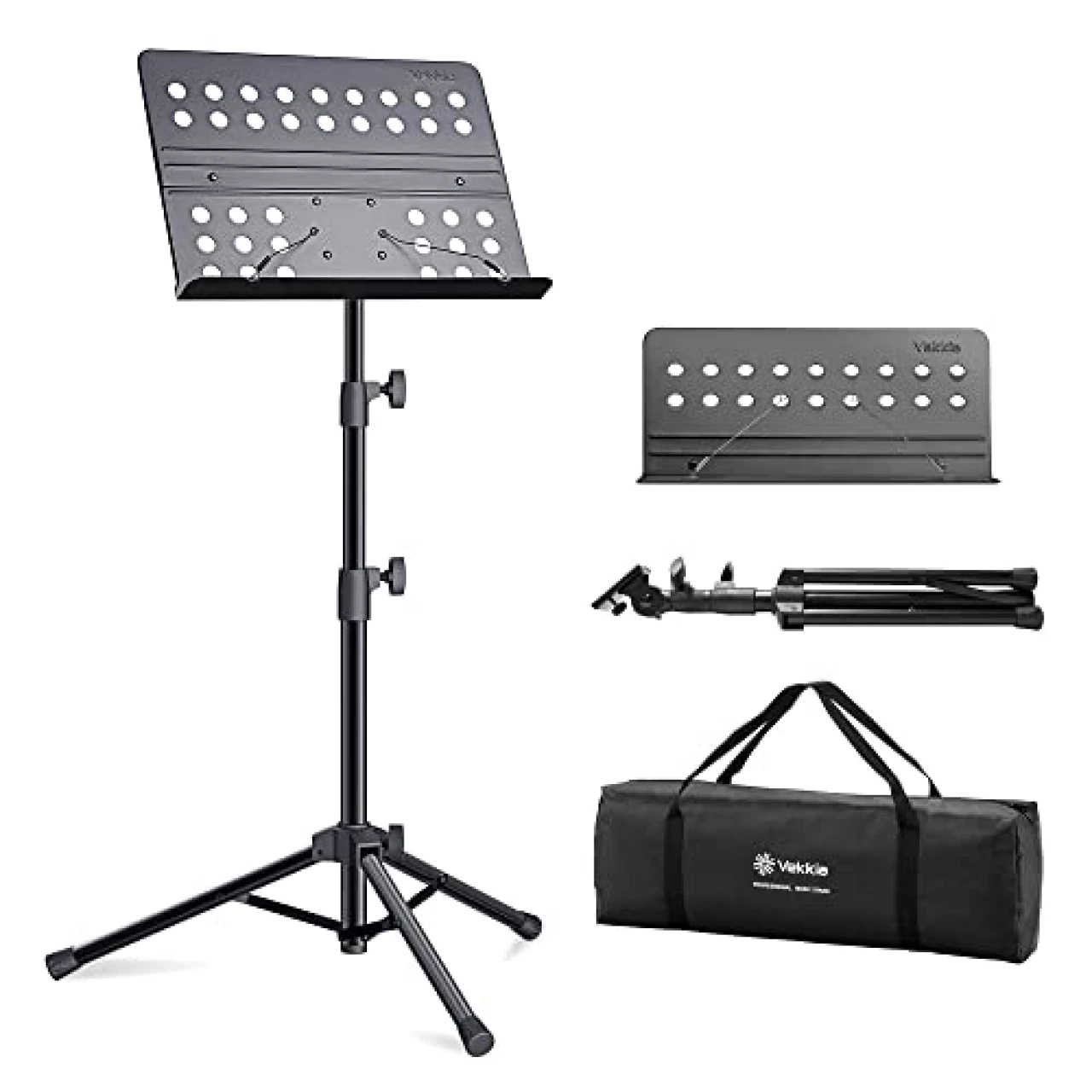Vekkia Sheet Music Stand-Metal Professional Portable Perforated Music Stand with Carrying Bag, Folding Adjustable Music Holder, Super Sturdy suitable for Instrumental Performance &amp; Band &amp; Travel