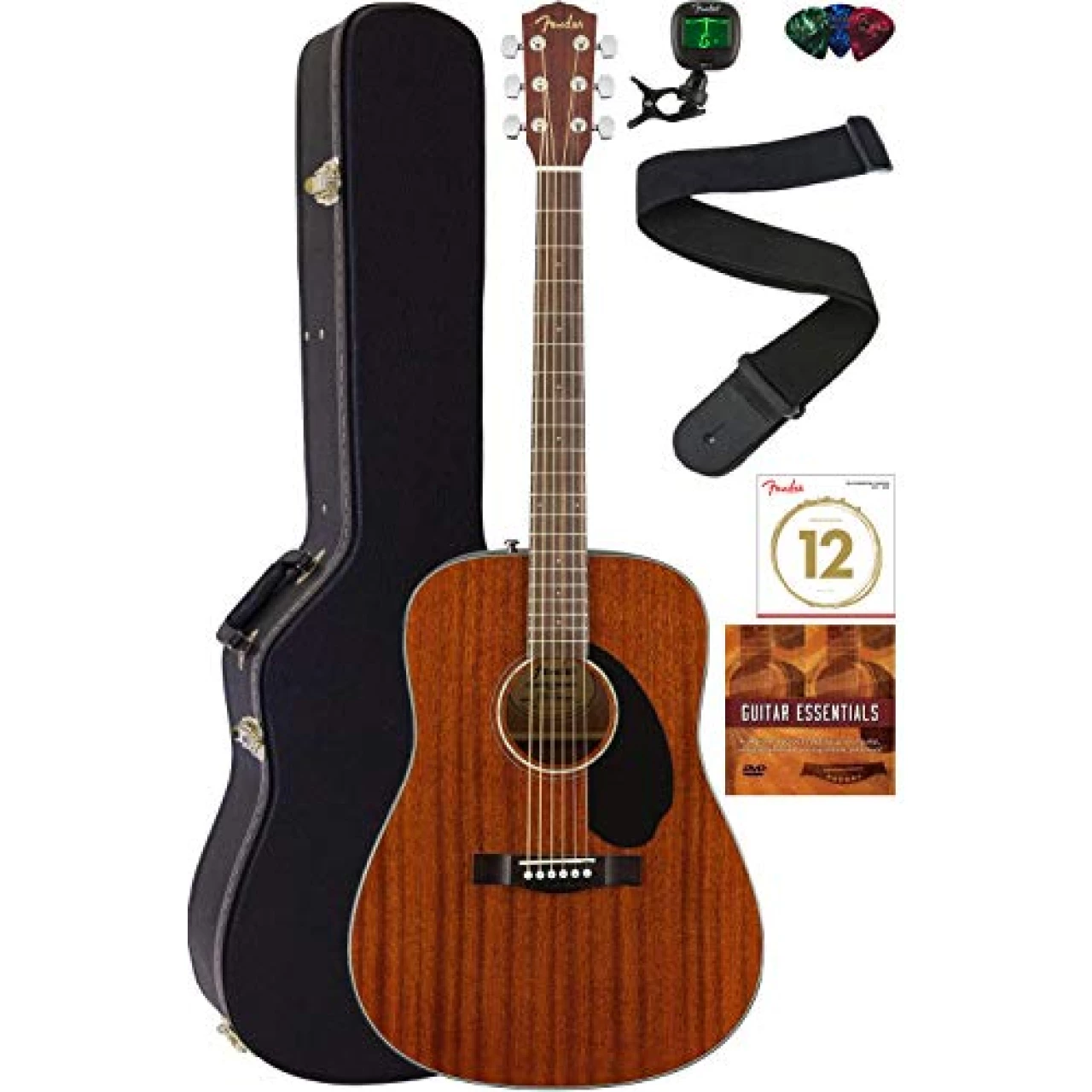 Fender CD-60S Solid Top Dreadnought Acoustic Guitar - All Mahogany Bundle with Hard Case, Tuner, Strap, Strings, Picks, and Austin Bazaar Instructional DVD