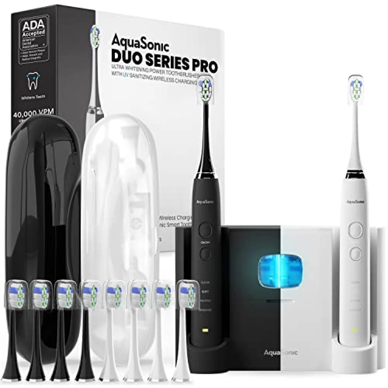 AquaSonic DUO PRO – Ultra Whitening 40,000 VPM Electric Smart ToothBrushes – ADA Accepted - 4 Modes with Smart Timers - UV Sanitizing &amp; Wireless Charging Base - 10 ProFlex Brush Heads &amp; 2 Travel Cases