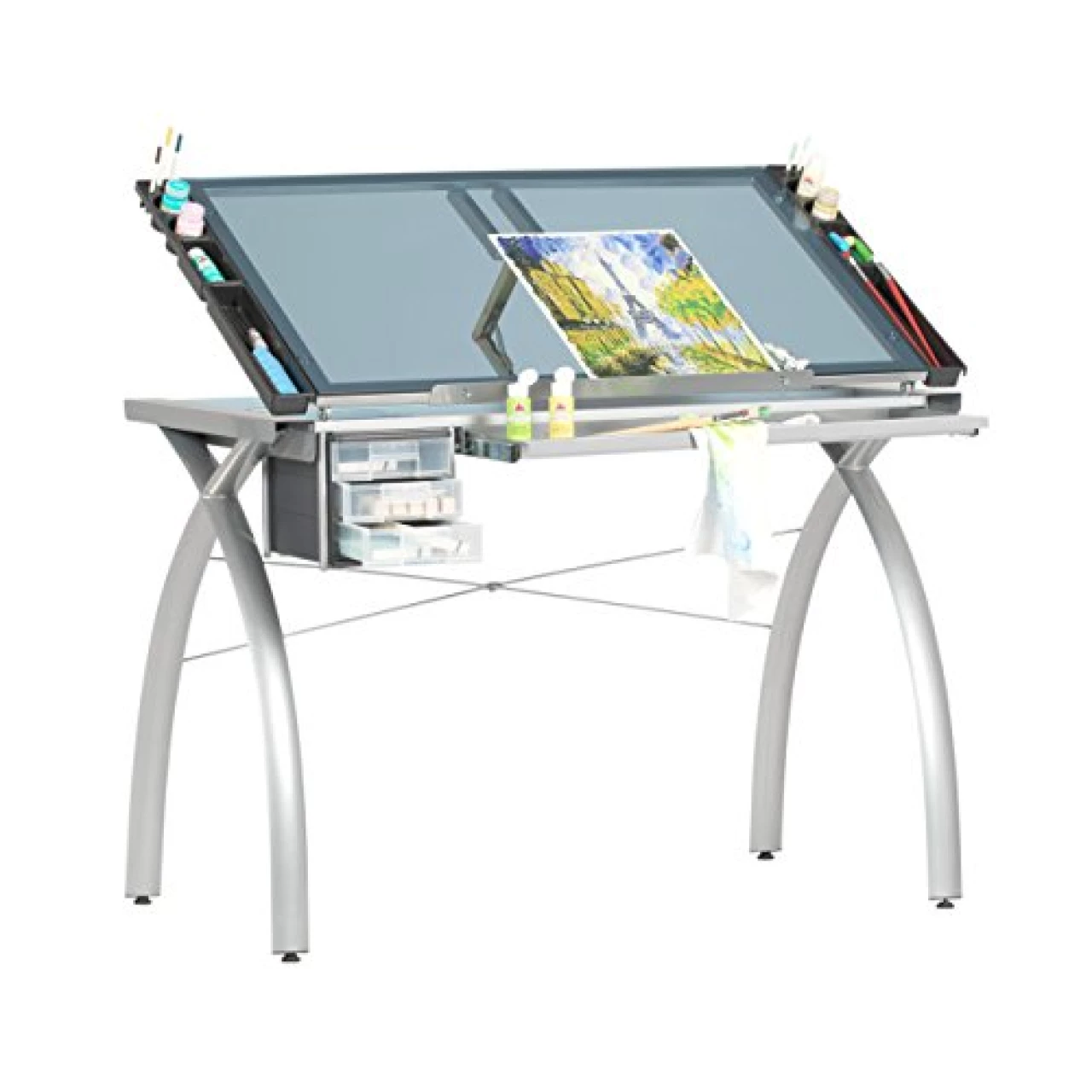 Studio Designs Futura Craft and Drawing Station - 38&quot; W x 24&quot; D Tempered Blue Glass Drafting Table with Pencil Drawers, Side Trays, and Built-In Pencil Ledge - Angle Adjustable Work Surface
