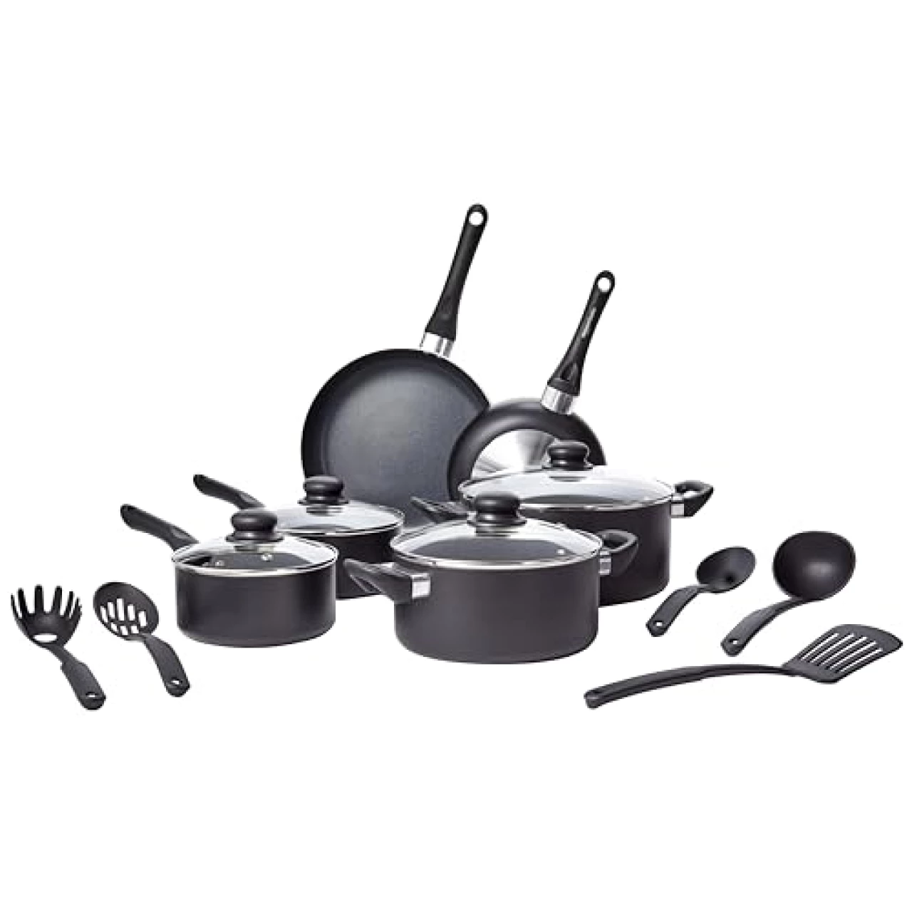 Amazon Basics Non-Stick Cookware 15-Piece Set, Pots, Pans and Utensils, Black