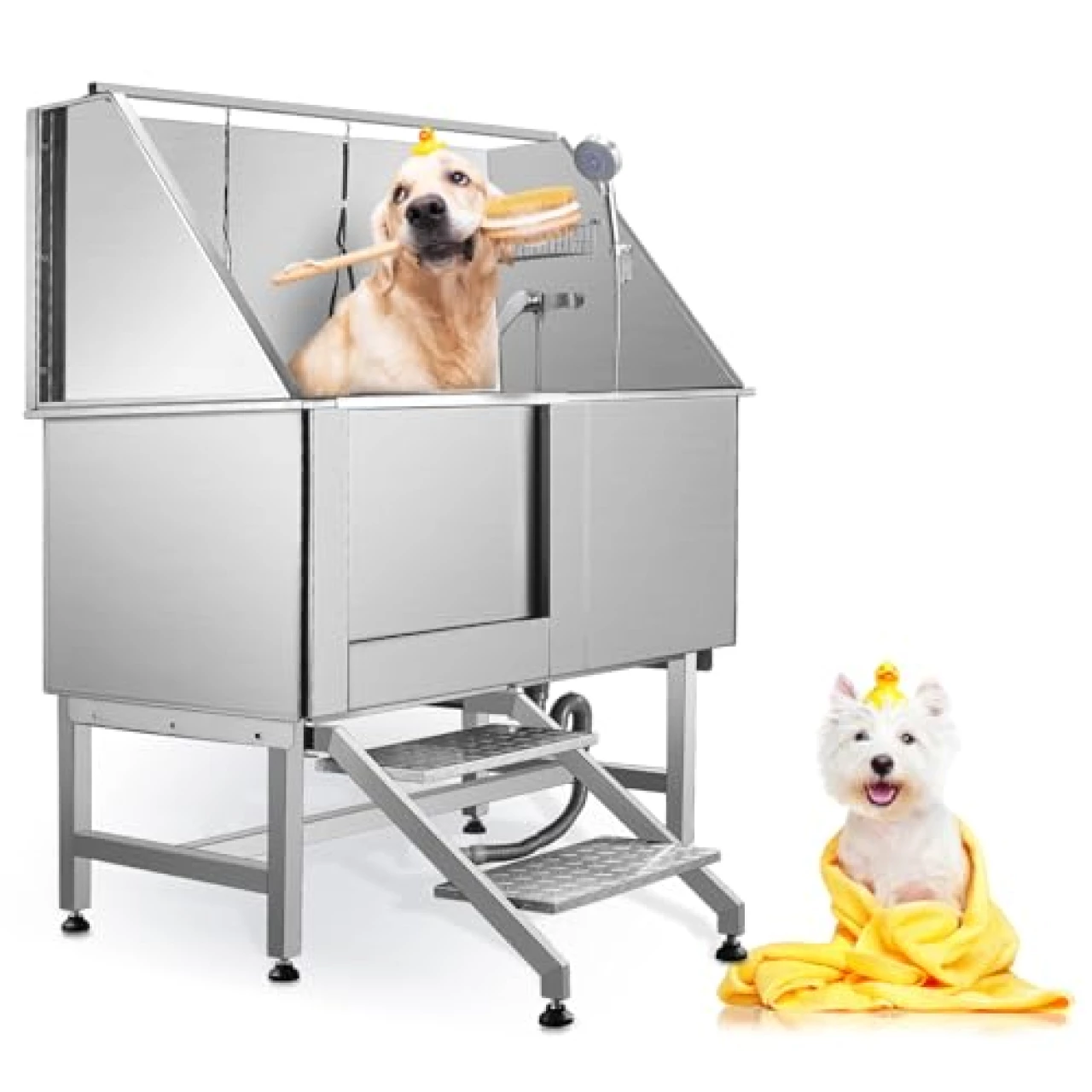 WSSEY 50&quot; Dog Grooming Tub,Stainless Steel Pet Bathing Tub Large Dog Wash Tub with Steps Faucet &amp; Accessories Dog Washing Station.