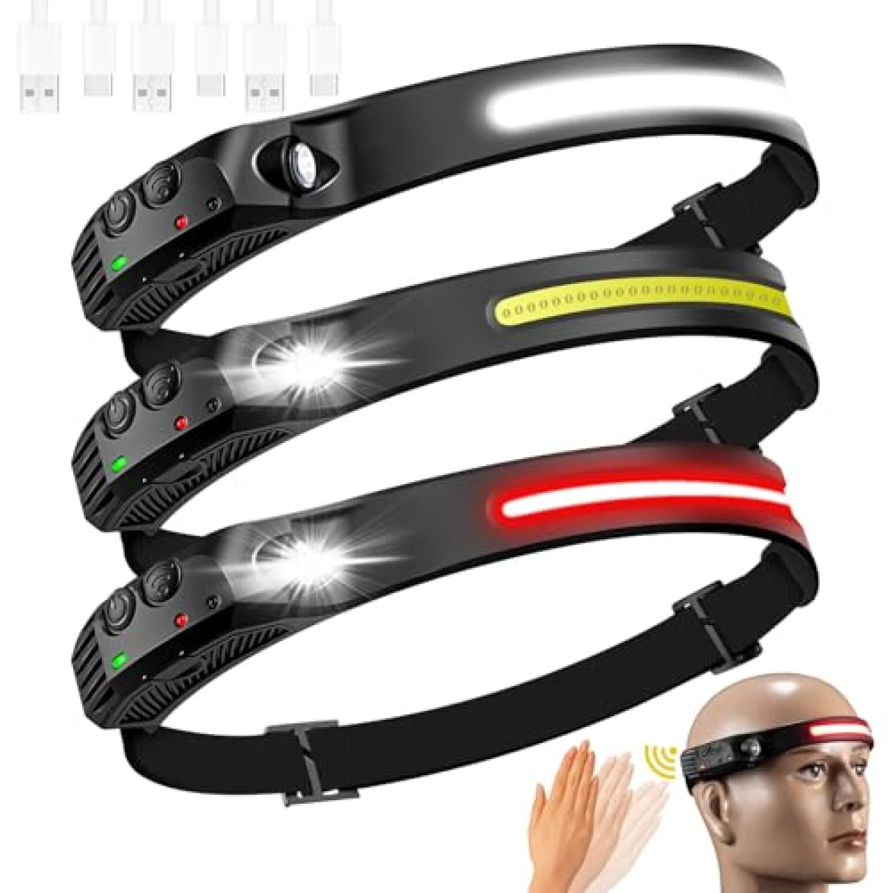 Rechargeable LED Headlamp,COB230°Wide Beam Headlamps with 3 lampbands,10 Modes of Lightweight Headlamps with Motion Sensors, Type-C USB Charging Headlamps,Suitable for Night Running, Cycling