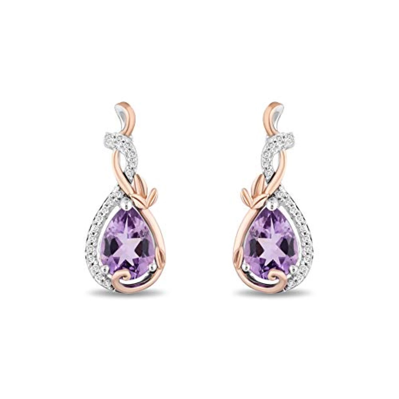 Jewelili Enchanted Disney Fine Jewelry 14K Rose Gold over Sterling Silver with 1/10 Cttw Diamond Amethyst Rapunzel Dangle Earrings