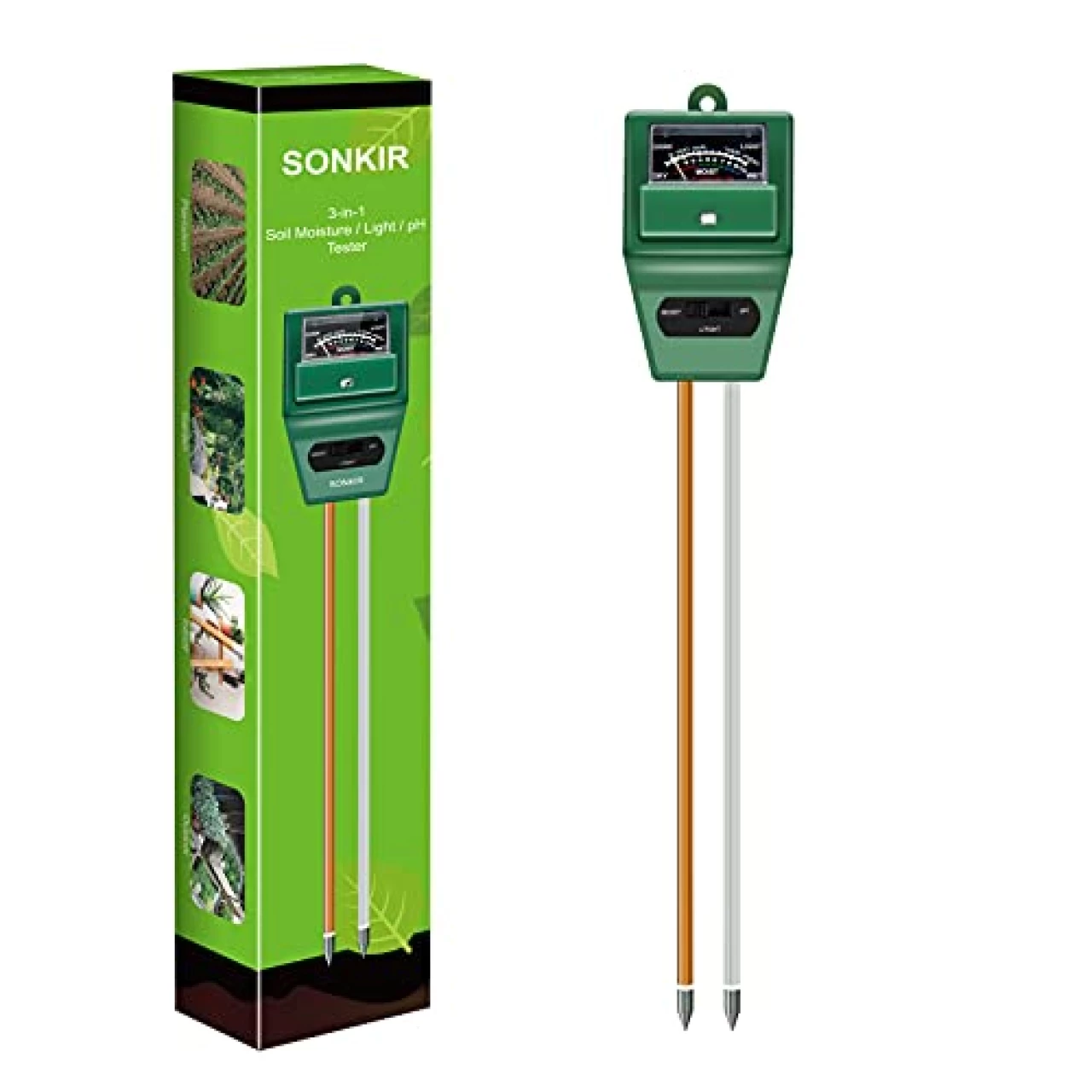 SONKIR Soil pH Meter, MS02 3-in-1 Soil Moisture/Light/pH Tester Gardening Tool Kits for Plant Care, Great for Garden, Lawn, Farm, Indoor &amp; Outdoor Use (Green)