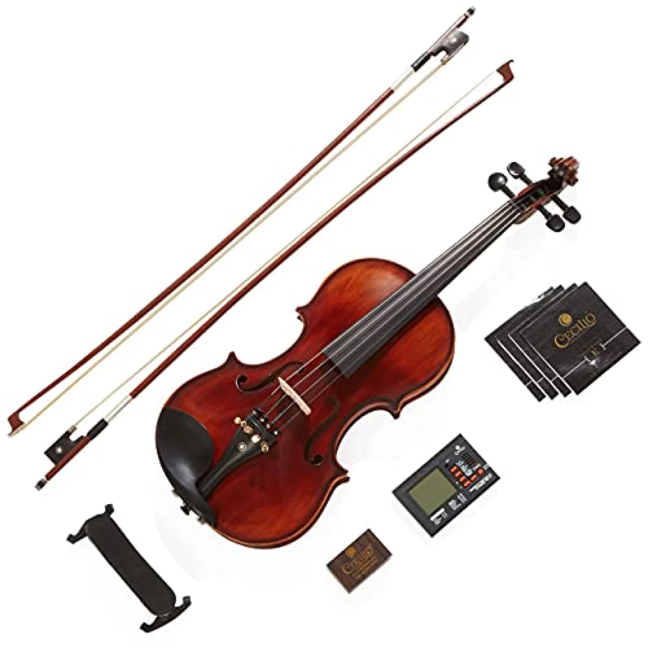 Mendini By Cecilio Violin - MV500+92D - Size 4/4 (Full Size), Black Solid Wood - Flamed, 1-Piece Violins w/Case, Tuner, Shoulder Rest, Bow, Rosin, Bridge &amp; Strings - Adult, Kids