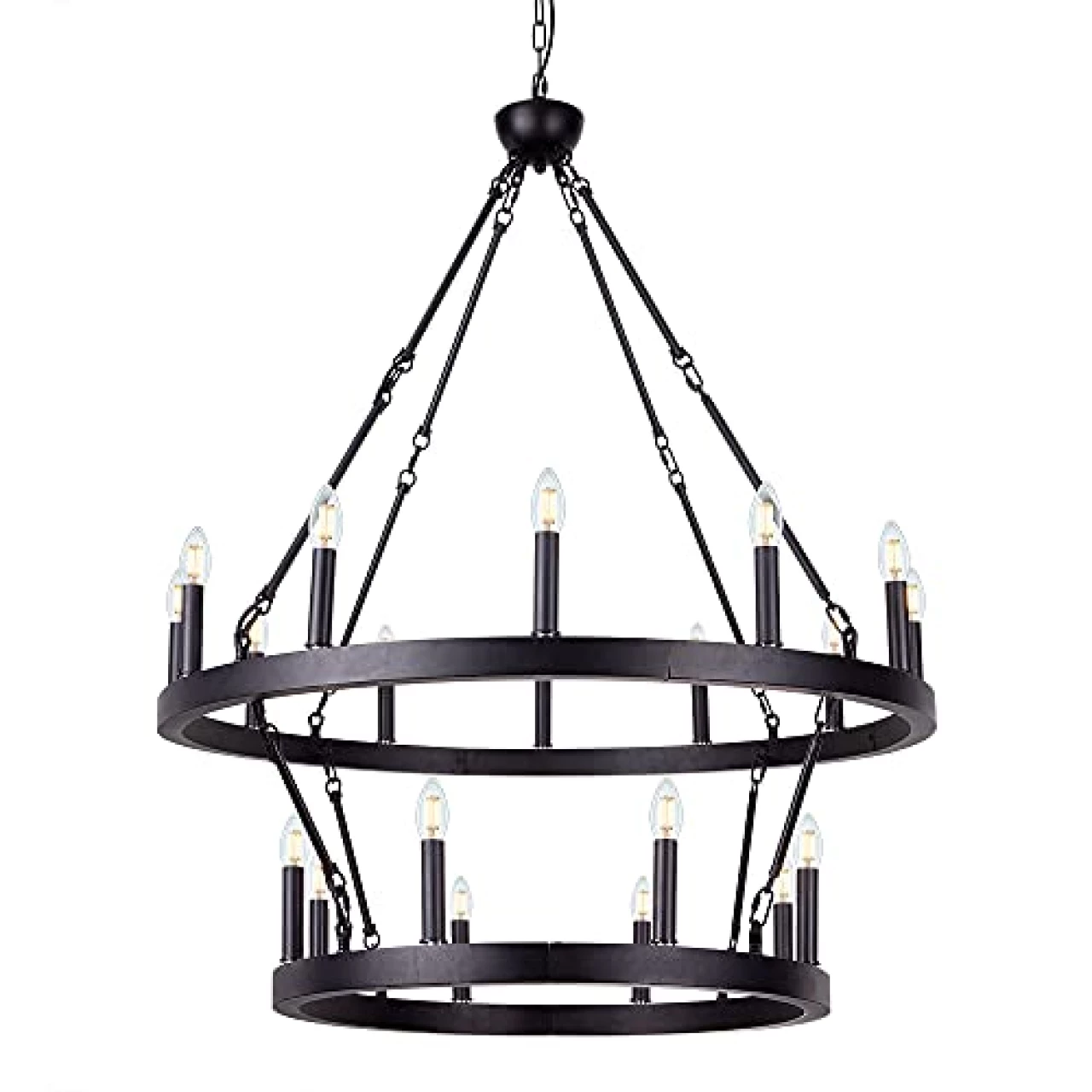 Wellmet Black Wagon Wheel Chandelier 2 Tier, Large Farmhouse Round Pendant Light Fixture Industrial Chandelier Lighting, H43.3 x D38 with Adjustable Chain