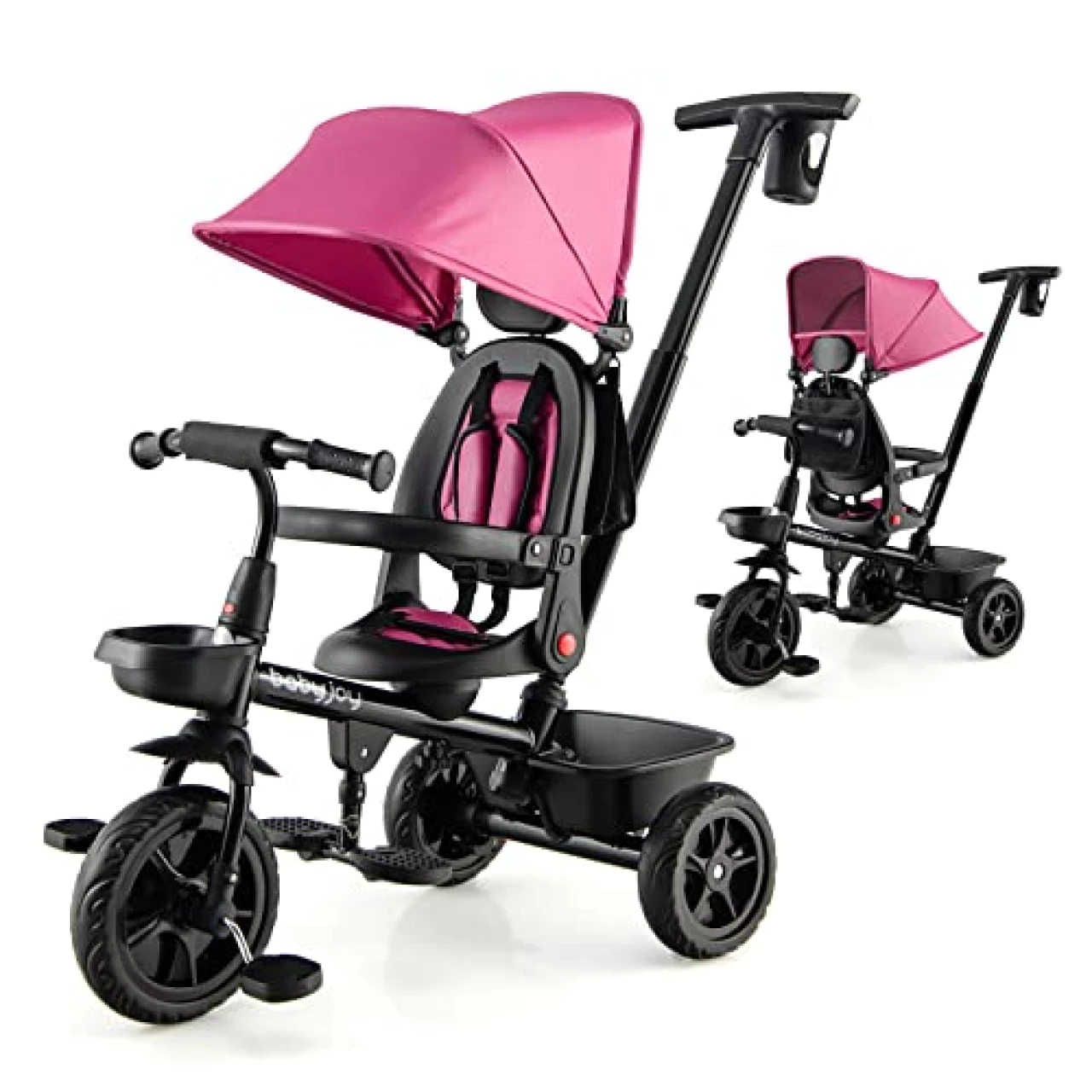 BABY JOY Tricycle, 4 in 1 Toddler Bike W/Removable Push Handle, Reversible Seat, Foldable Footrest, All-Terrain EVA Wheel, Adjustable Canopy, Ideal for Kids 12-60 Months, Tricycle for Toddler (Pink)