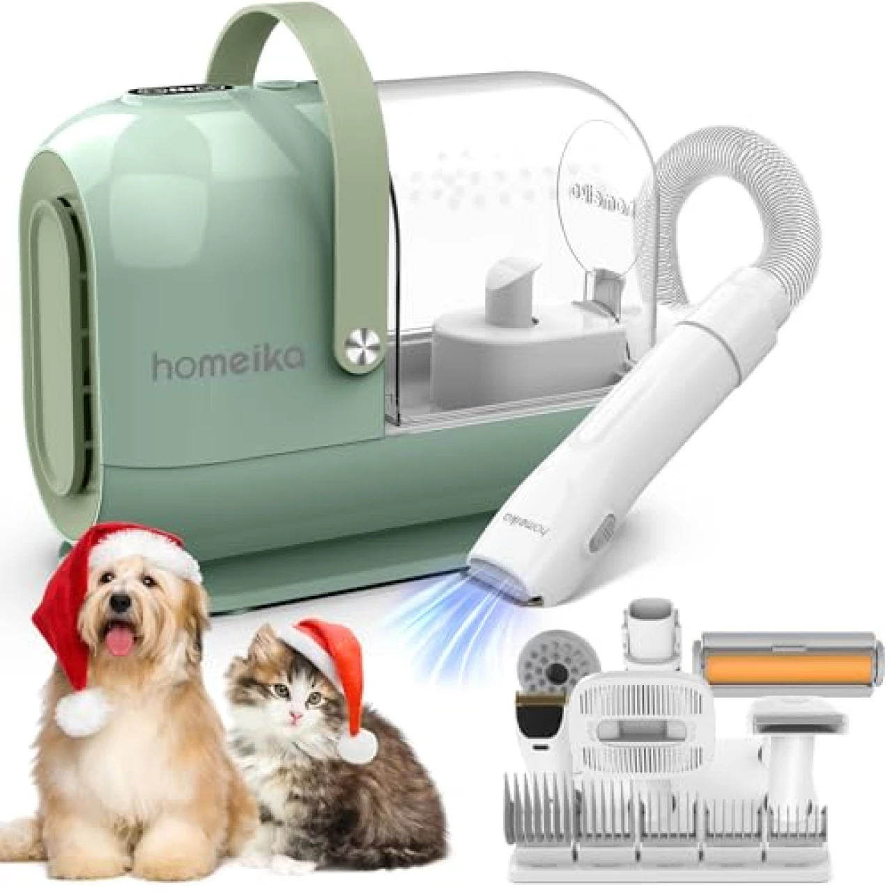 Homeika Pet Grooming Kit &amp; Vacuum 99% Pet Hair Suction, 7 Pet Grooming Tools, 5 Nozzles, 3L Cup, Storage Bag, Dog Grooming Vacuum with Hair Roller/Massage Nozzle/Shedding Brush for Dog, Cat, Green