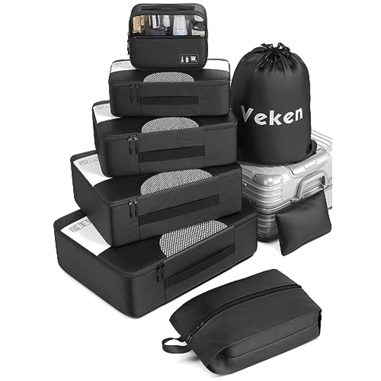 Veken 8 Set Packing Cubes for Suitcases, Travel Essentials Bag Organizers for Carry on, Luggage Organizer Bags Set for Travel Accessories in 4 Sizes (Extra Large, Large, Medium, Small), Black