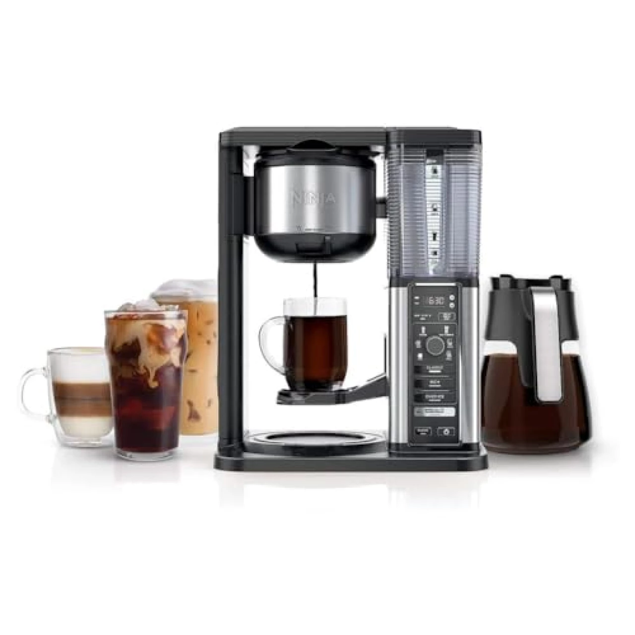 Ninja CM401 Specialty 10-Cup Coffee Maker with 4 Brew Styles for Ground Coffee, Built-in Water Reservoir, Fold-Away Frother &amp; Glass Carafe, Black